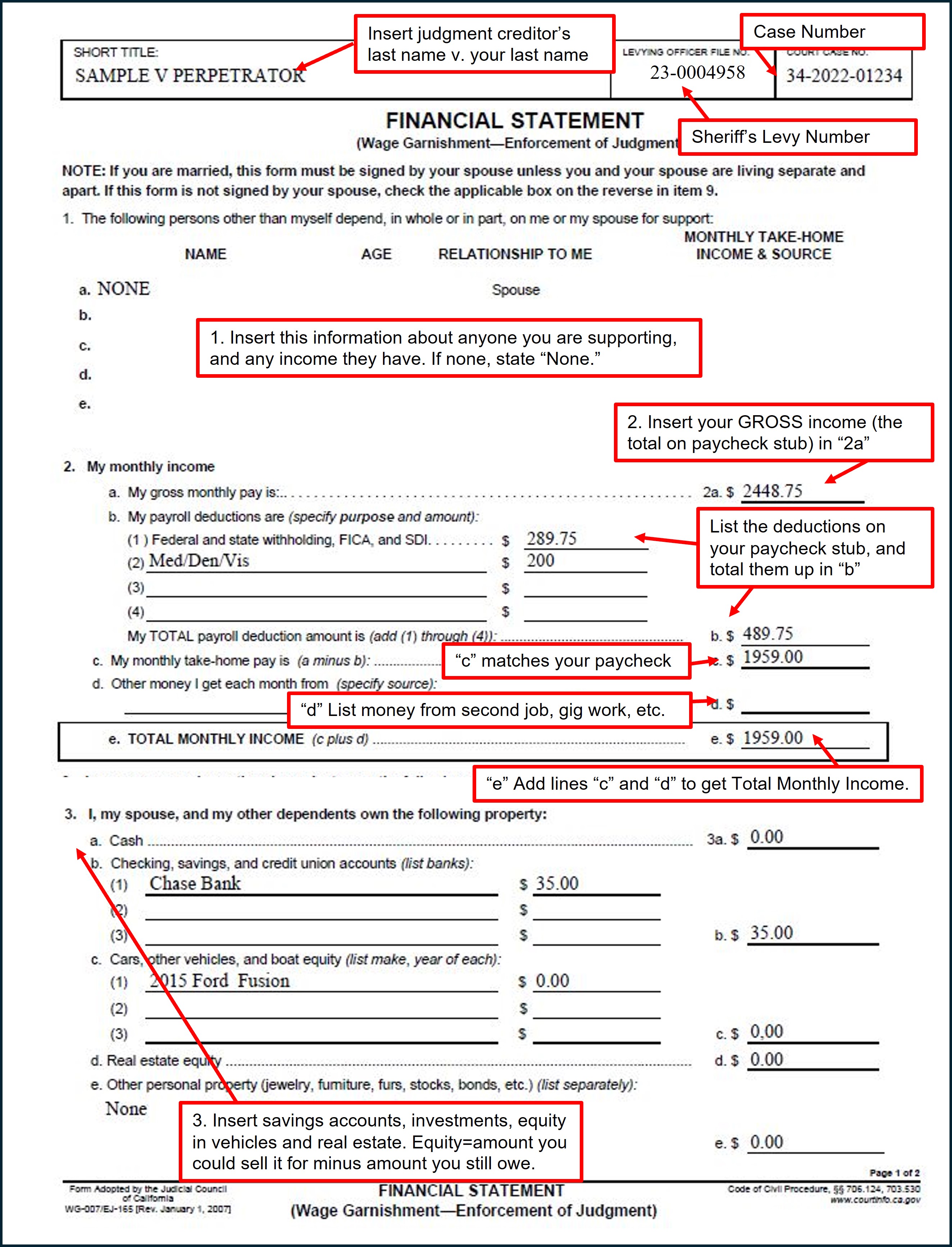 Filled out sample Financial Statement (WG-007/EJ-165) (page 1)