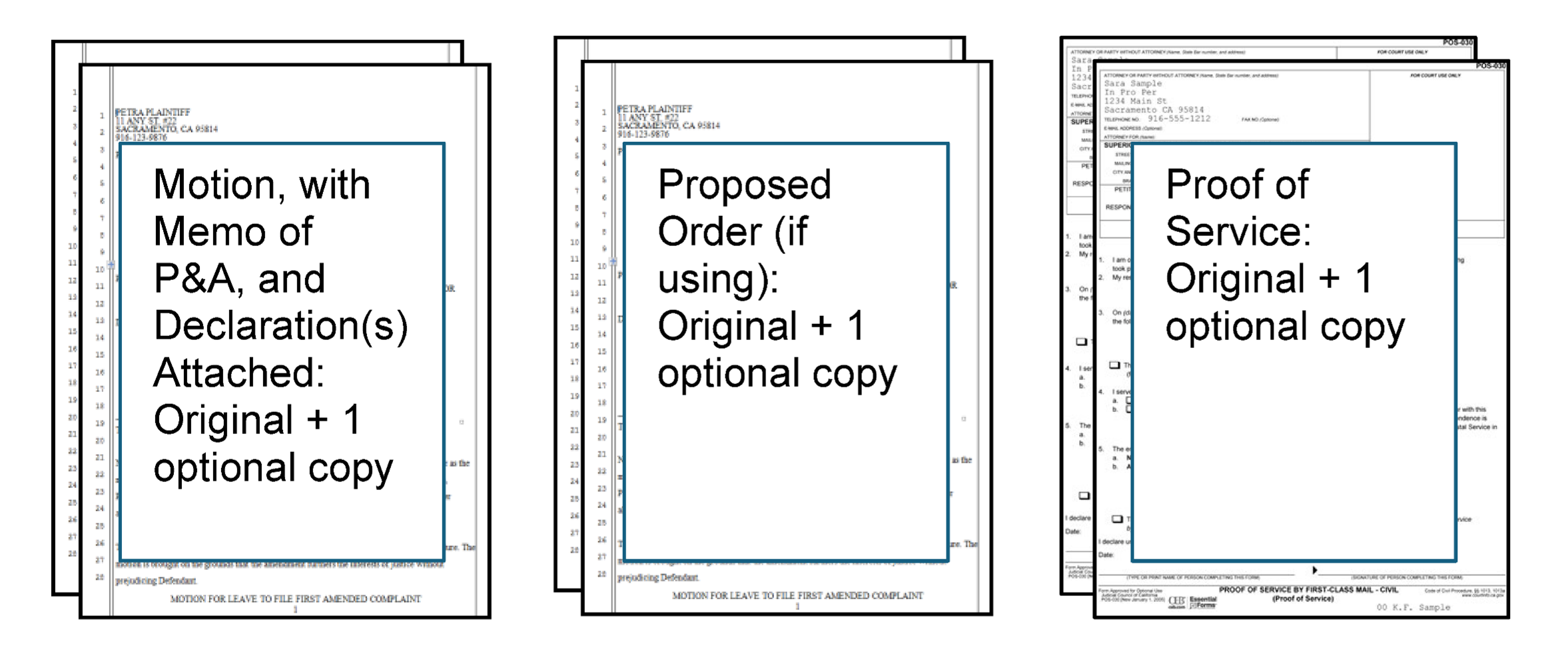 Demonstrates assembling paperwork for filing in one stack of all copies for each separate paper
