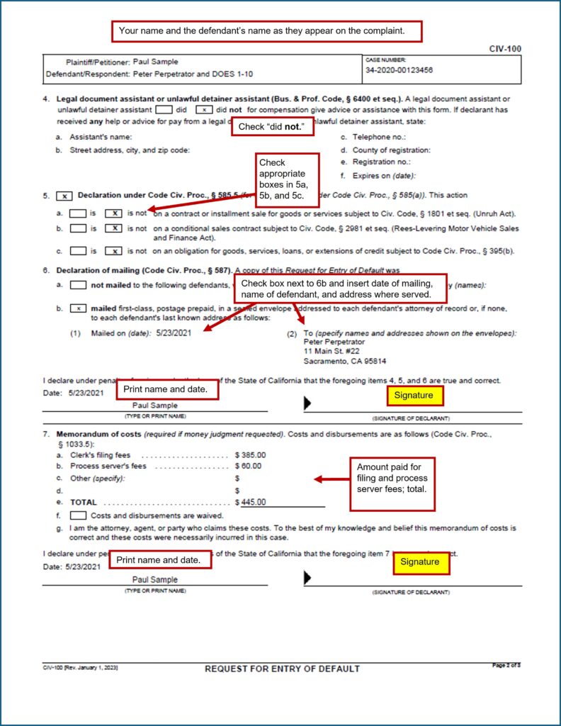 Request for Entry of Default (CIV-100) (page 2)