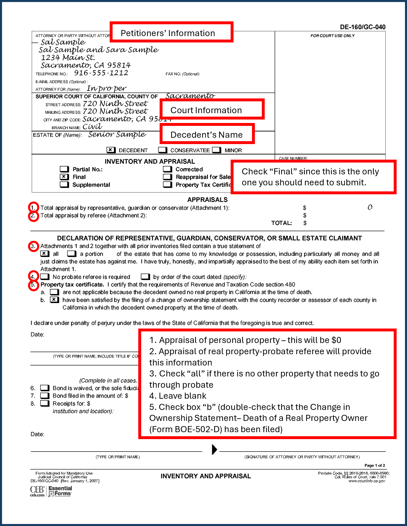 Filled-out sample of Inventory and Appraisal (DE-160/GC-040) (page 1)