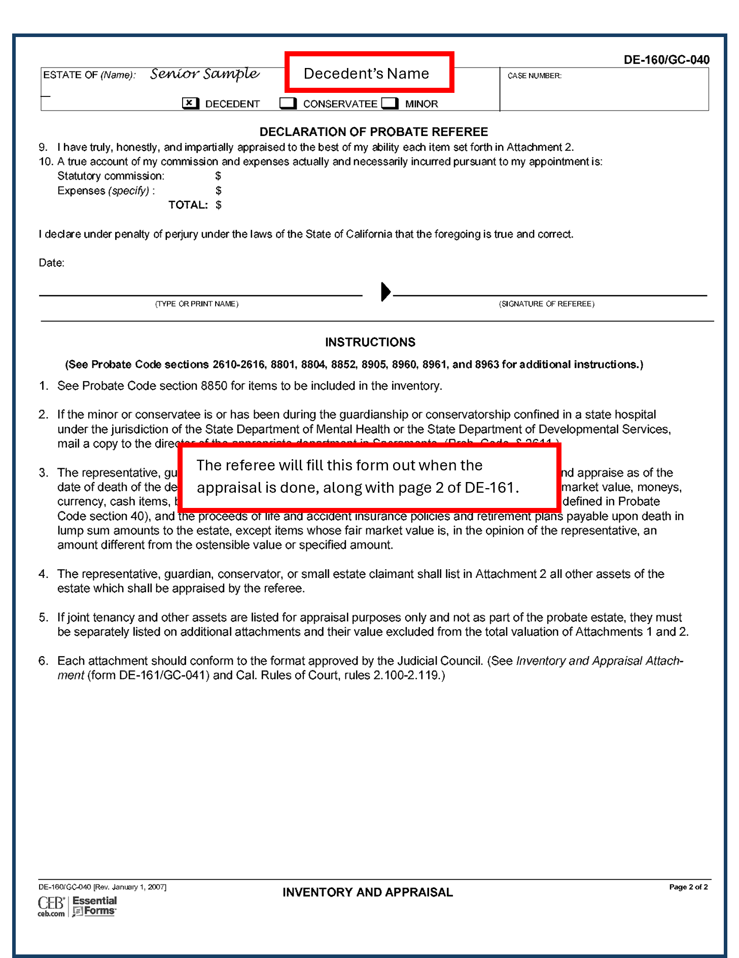 Filled-out sample of Inventory and Appraisal (DE-160) (page 2)