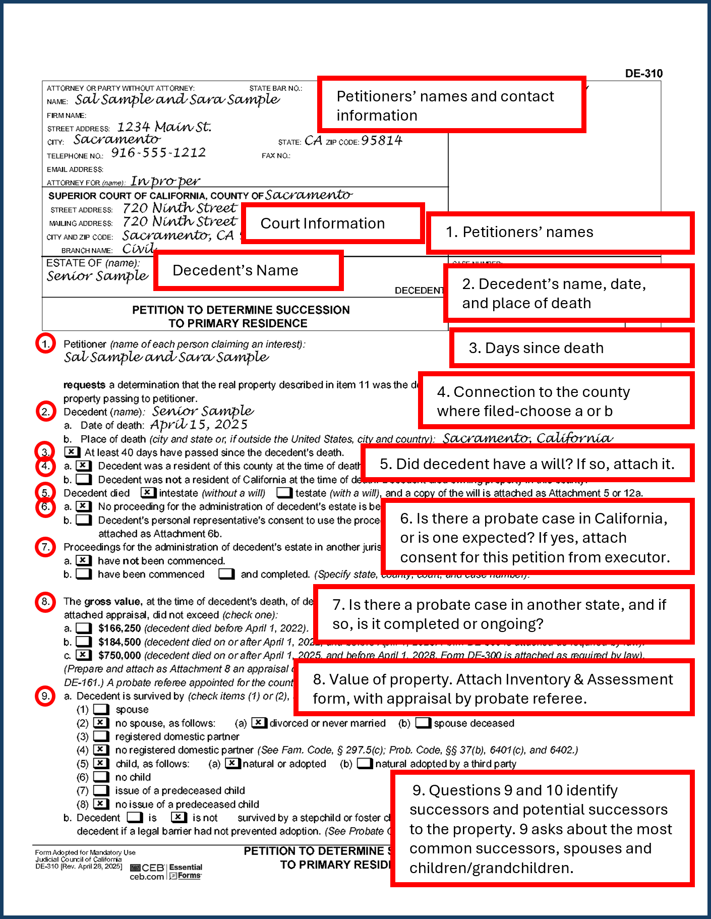 Filled-out sample of Petition to Determine Successors to Primary Residence, DE-310, page 1. 