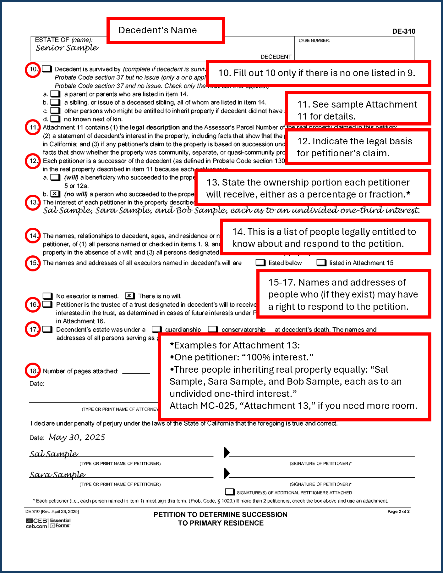 Filled-out sample of Petition to Determine Successors to Primary Residence, DE-310, page 2. 