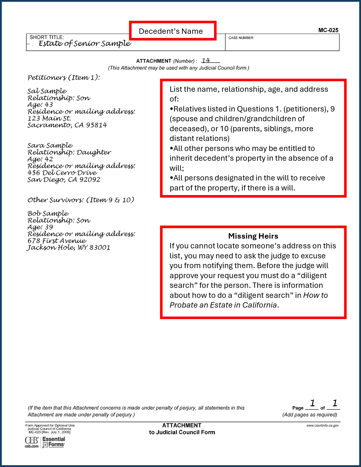 Filled out Sample of Petition to Determine Succession to Primary Residence (DE-310) (Attachment 14)