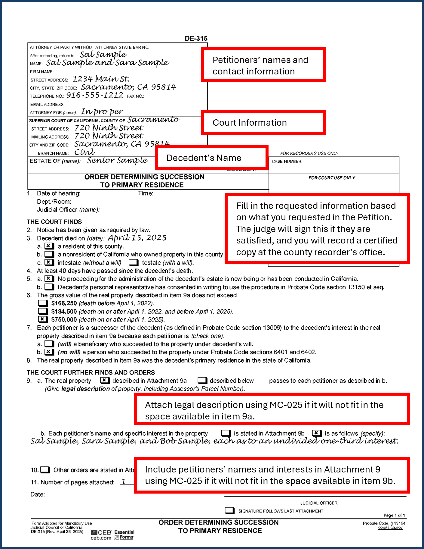 Filled out sample of Order Determining Succession to Primary Residence (DE-315) (page 1)