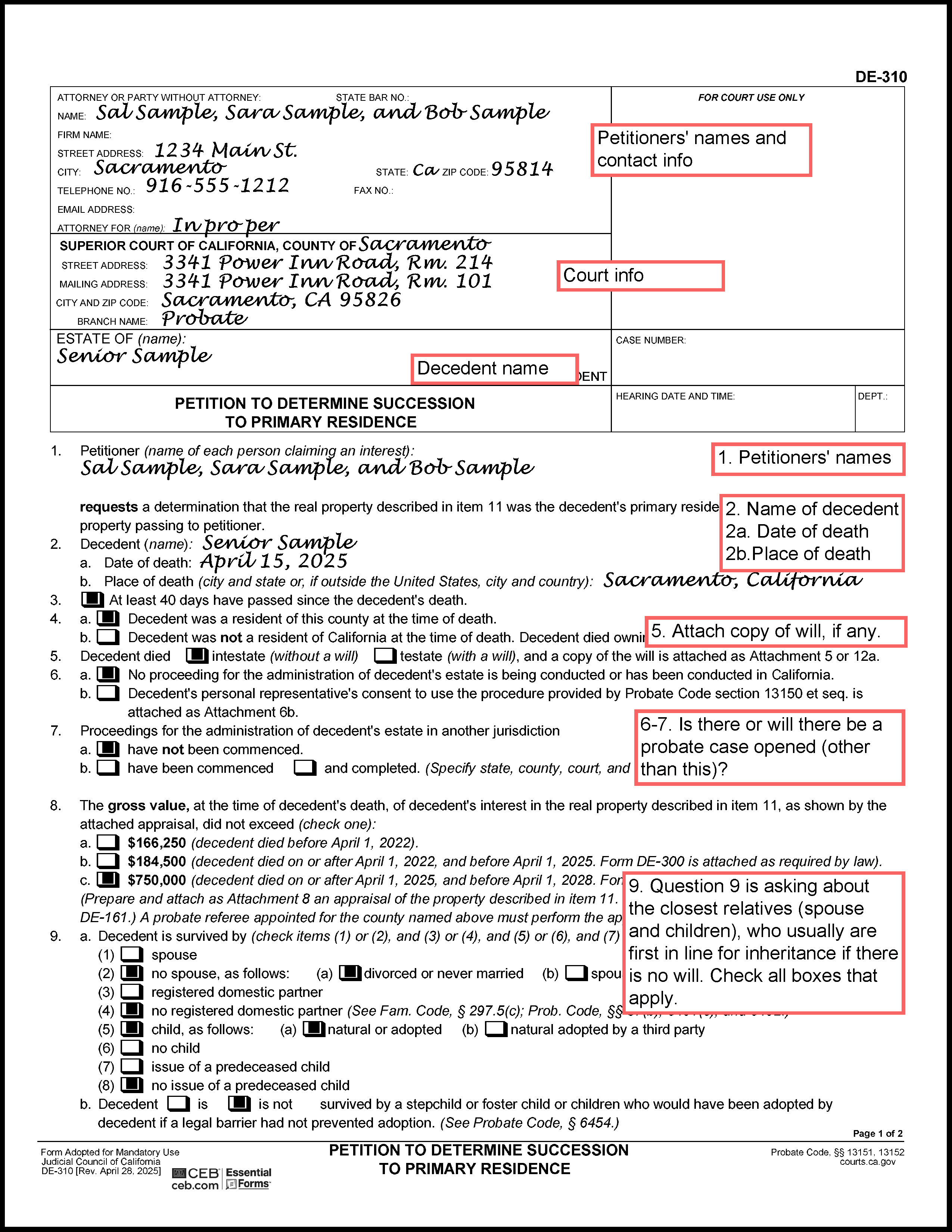 Filled in sample of Petition to Determine Succession to Primary Residence (DE-310) (page 1)