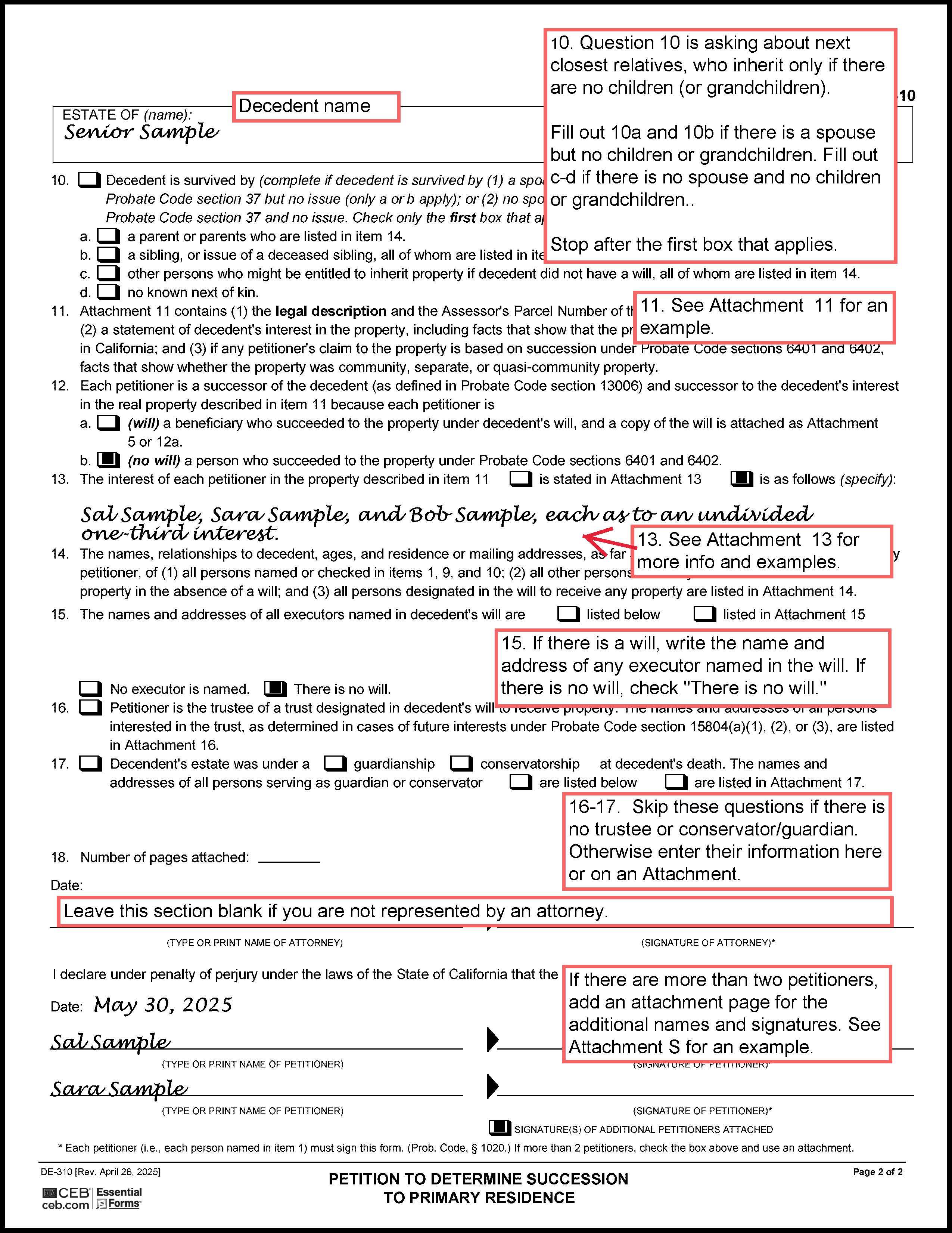 Petition to Determine Succession to Primary Residence (DE-310) (Attachment S -- space for additional signatures)
