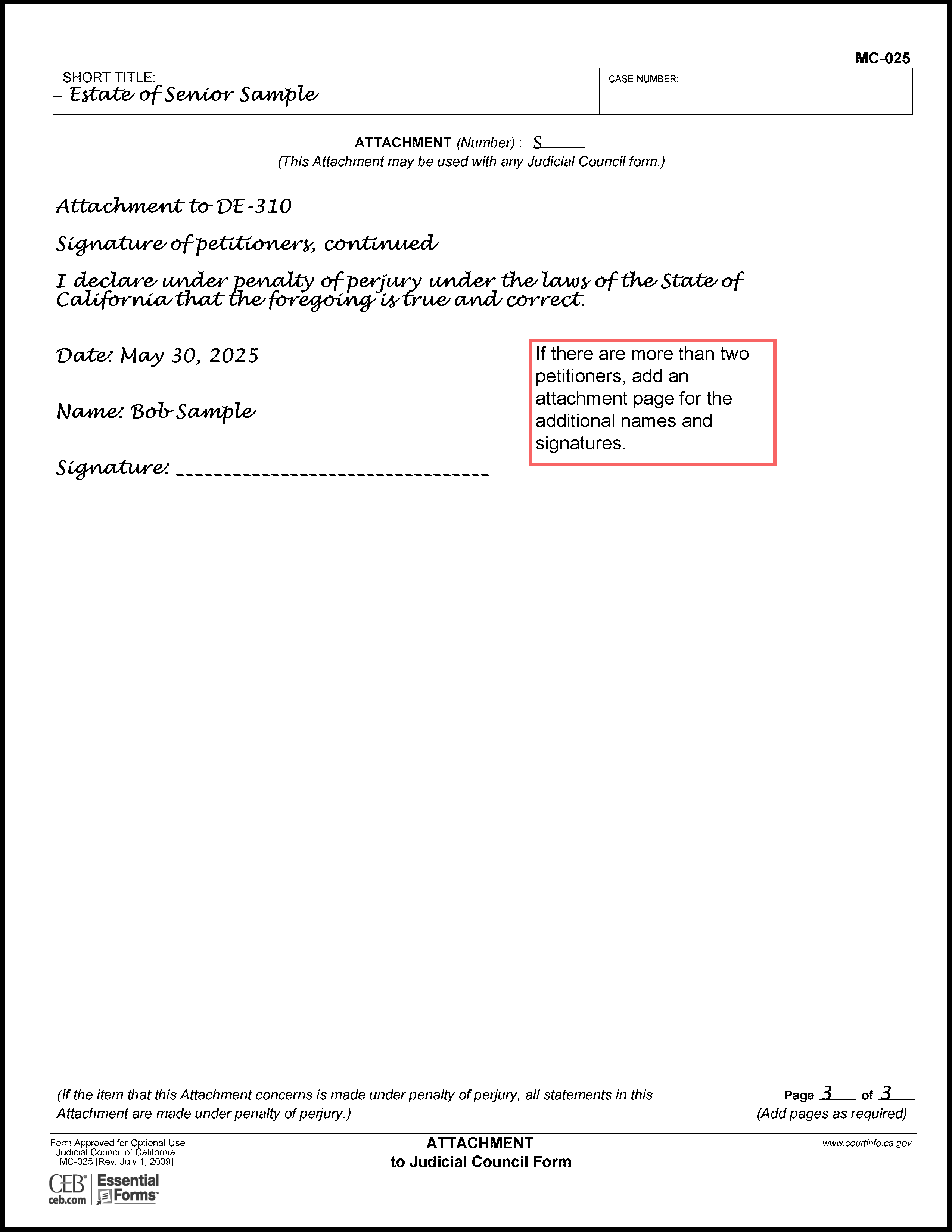 Petition to Determine Succession to Primary Residence (DE-310) (Attachment S - room for additional signatures)