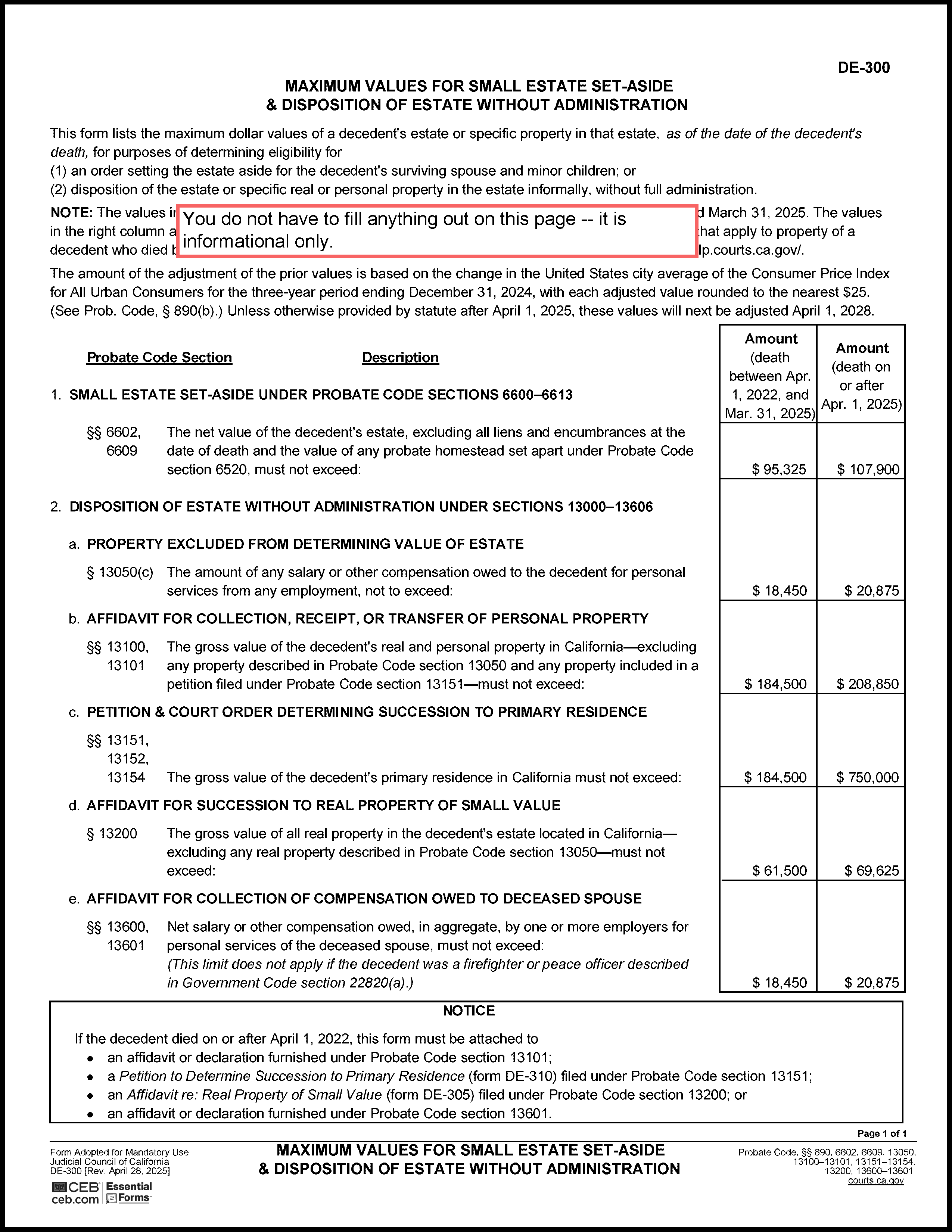 (Attachment 8, page 1 (Small Estate Values (DE-300))