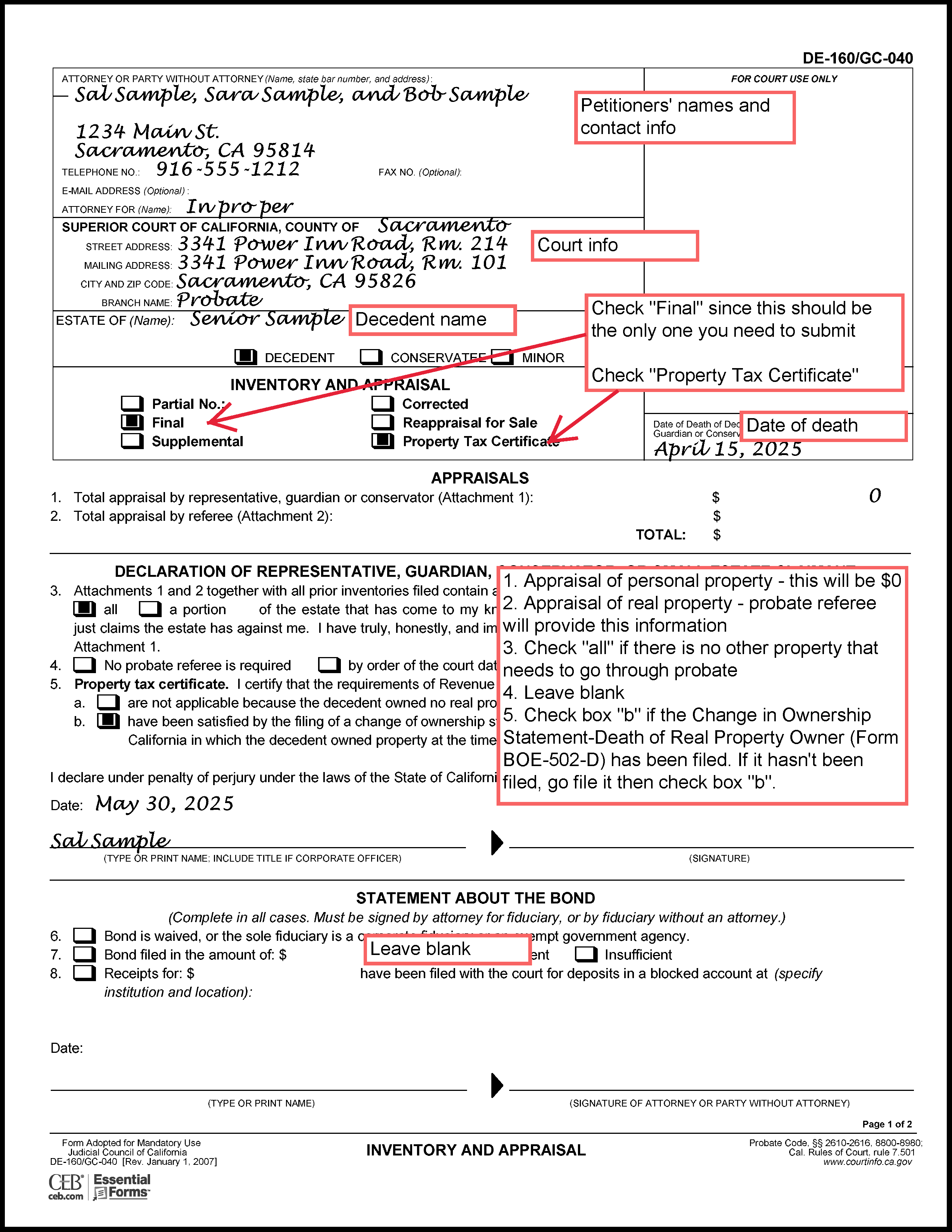 Filled in sample of Petition to Determine Succession to Primary Residence (DE-310) (Attachment 8, Inventory and Appraisal, page 1)