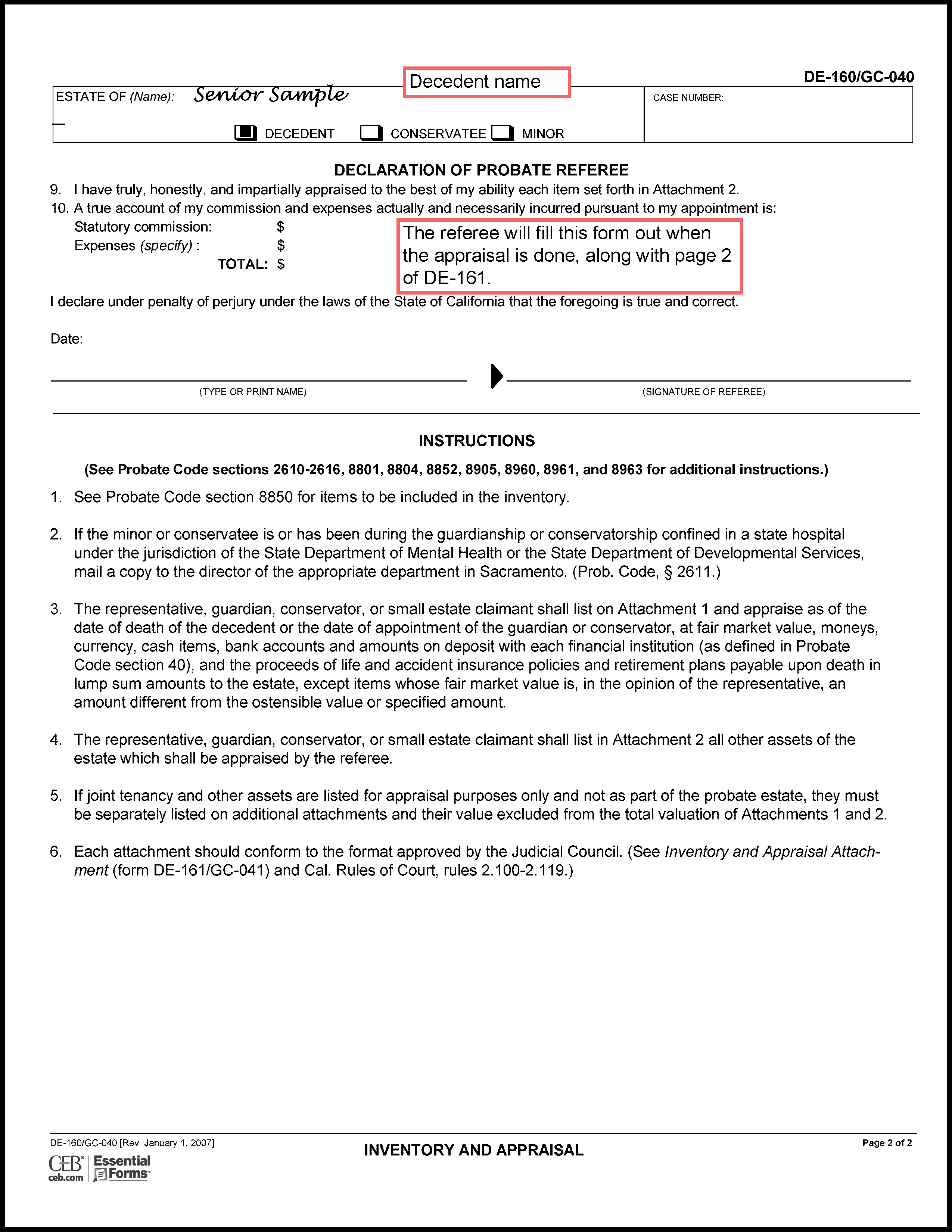 Filled in sample of Petition to Determine Succession to Primary Residence (DE-310) (Attachment 8 (Inventory and Appraisal page 2)
