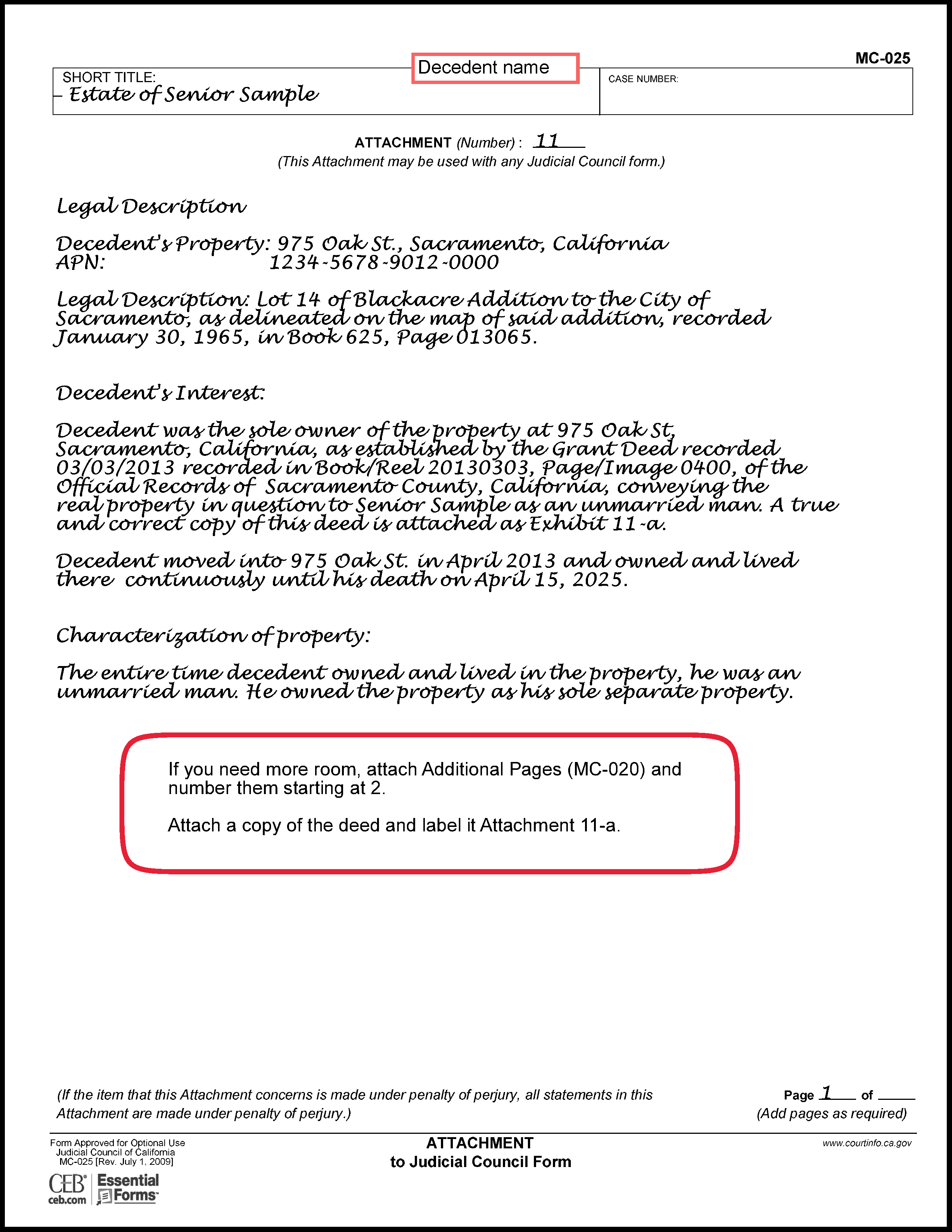Filled in sample of Petition to Determine Succession to Primary Residence (DE-310) (Attachment 11)