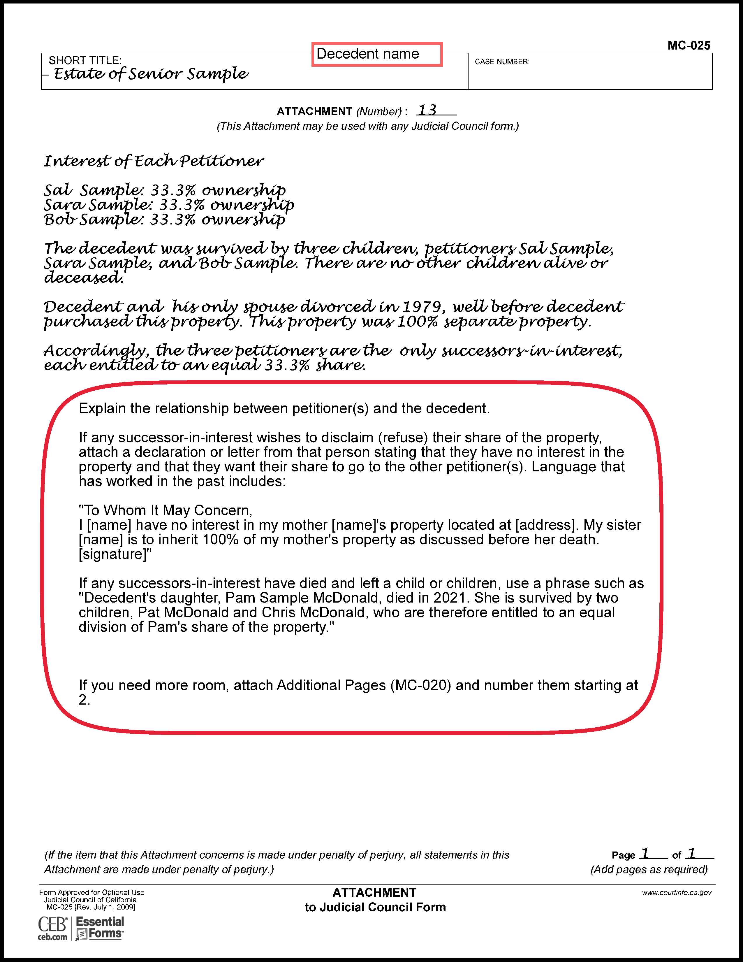 Filled in sample of Petition to Determine Succession to Primary Residence (DE-310) (Attachment 13)