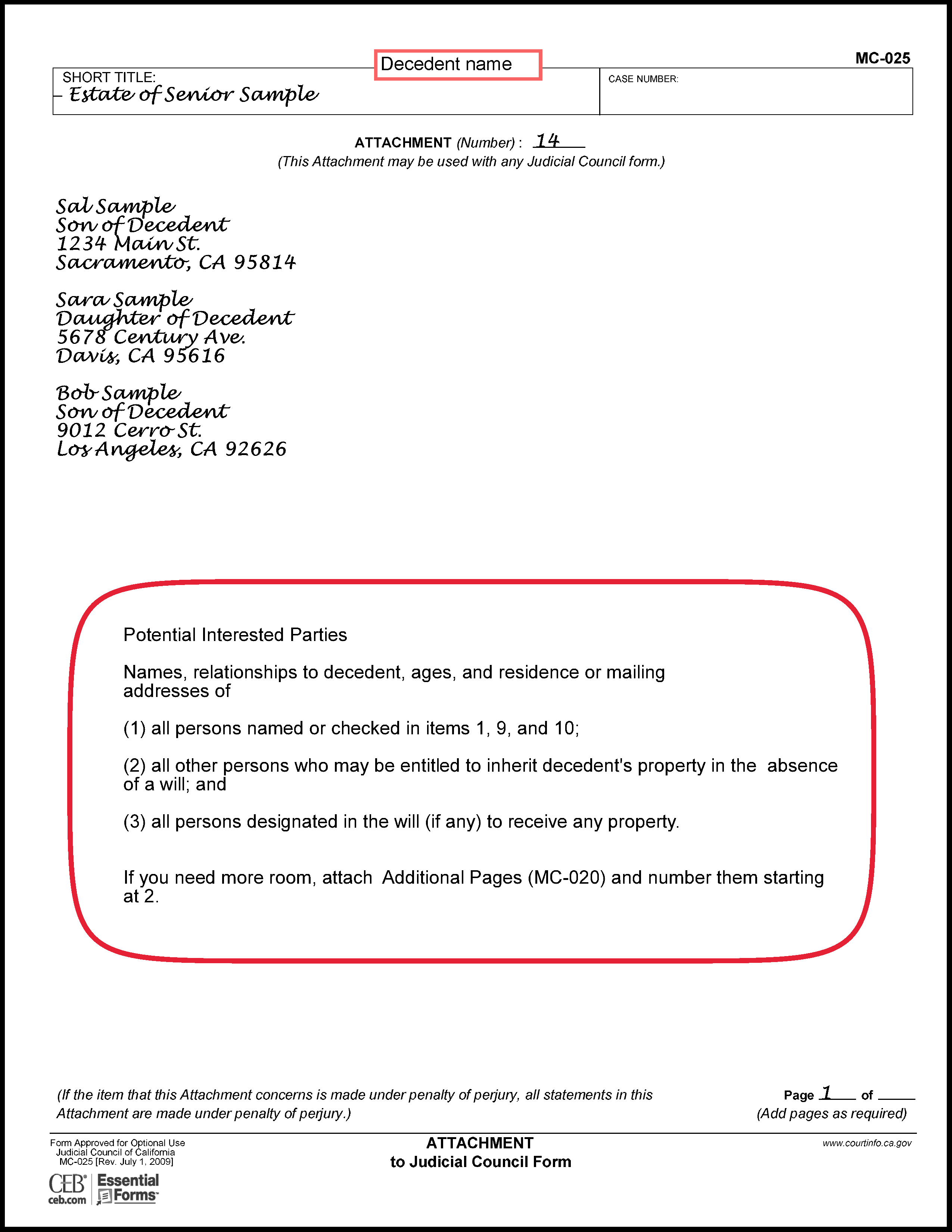 Filled in sample of Petition to Determine Succession to Primary Residence (DE-310) (Attachment 14)
