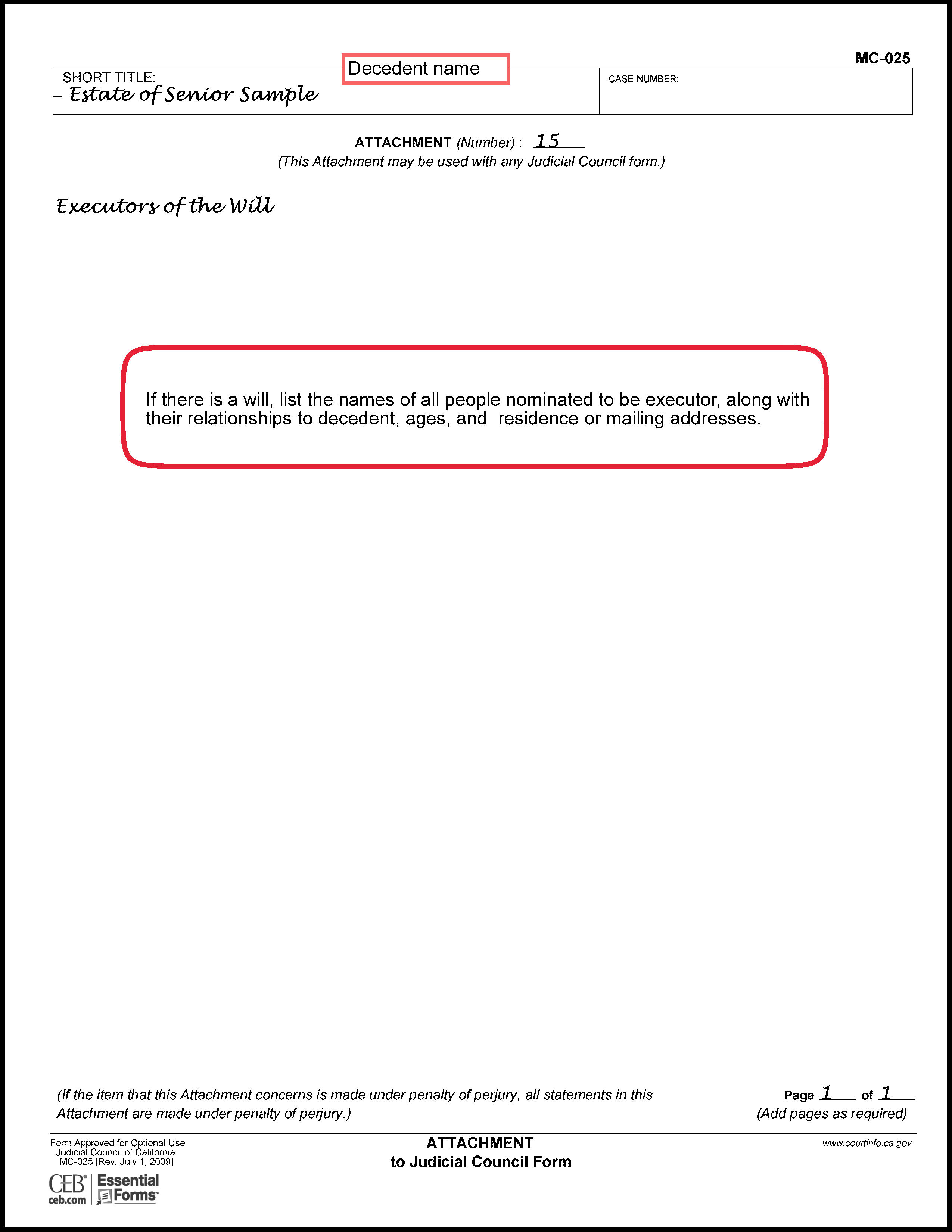 Filled in sample of Petition to Determine Succession to Primary Residence (DE-310) (Attachment 15)