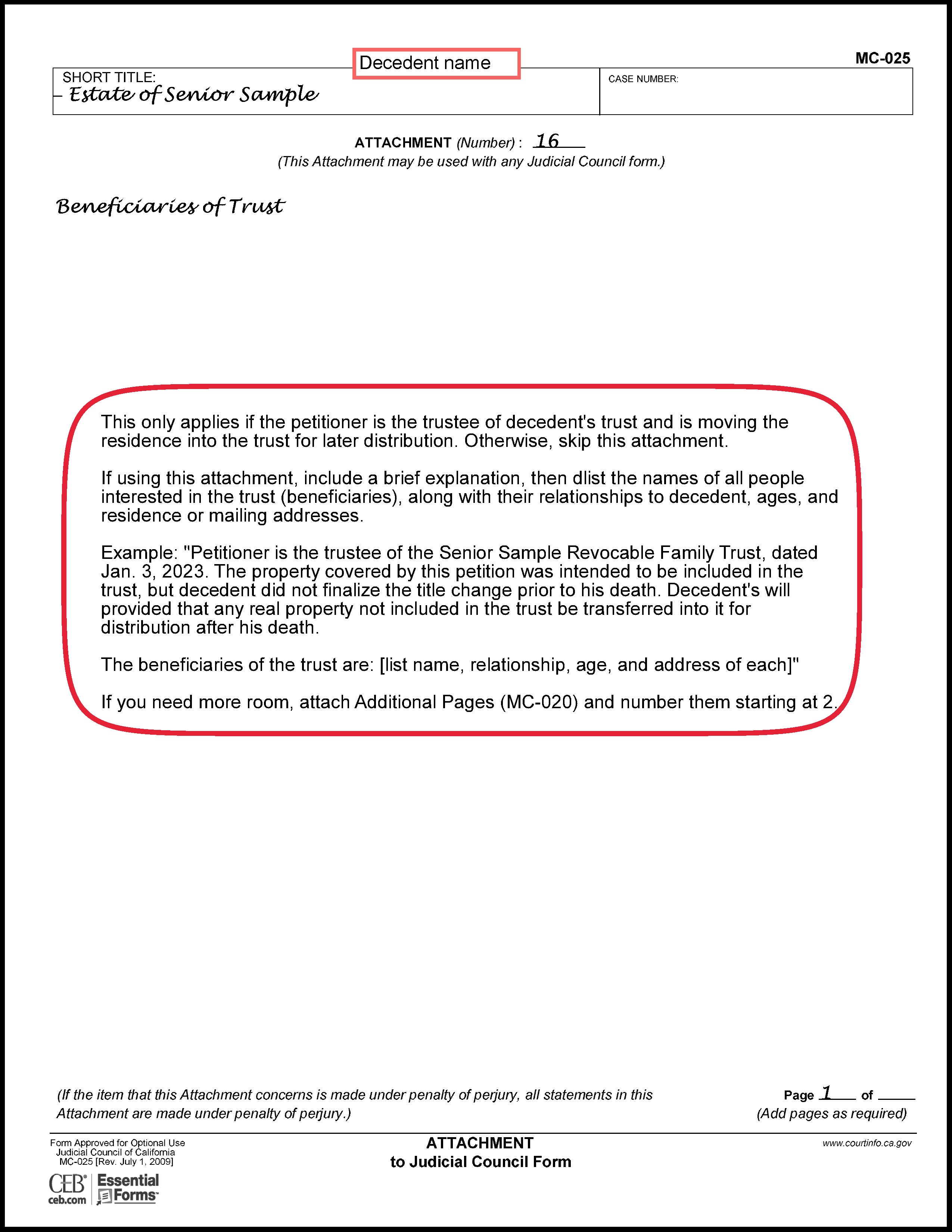 Filled in sample of Petition to Determine Succession to Primary Residence (DE-310) (Attachment 16)
