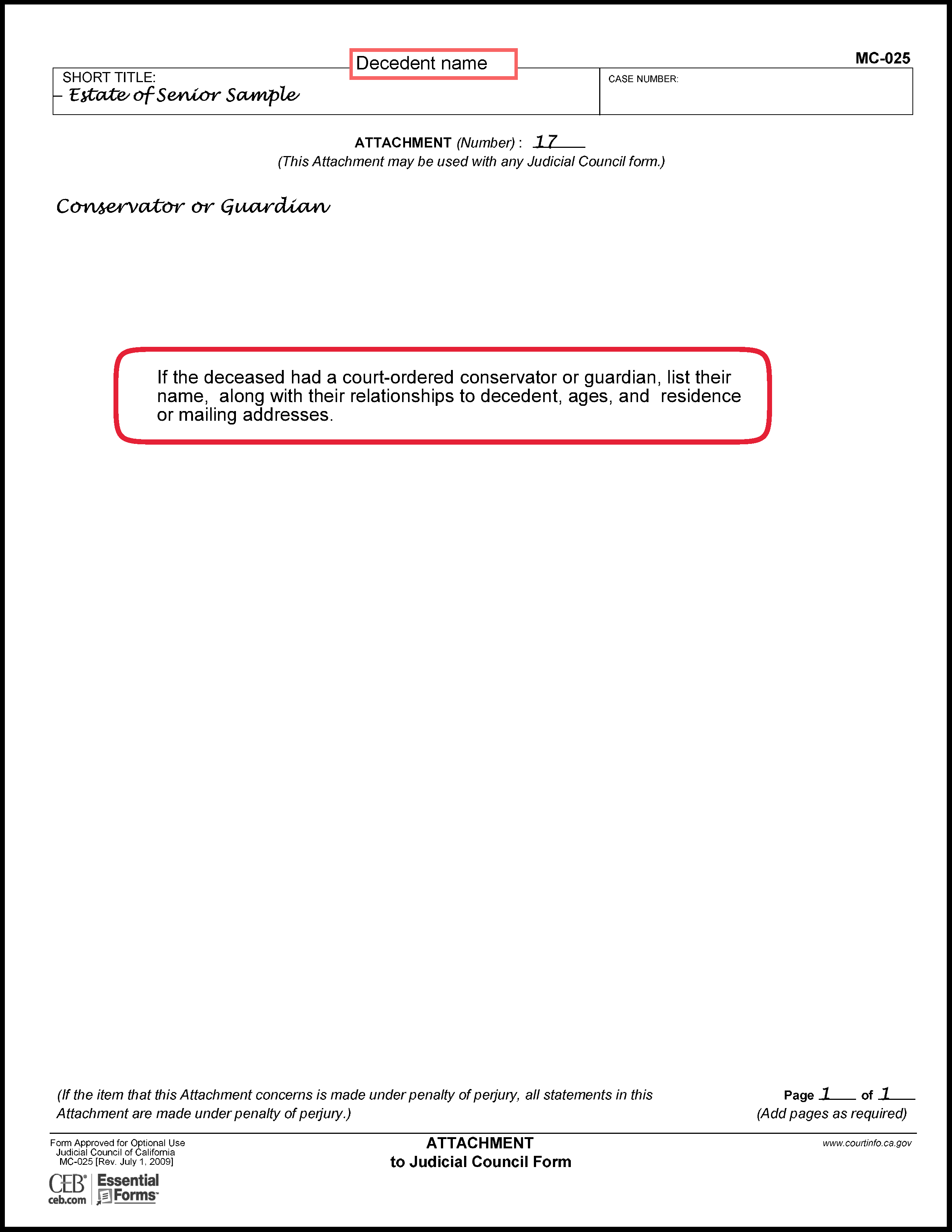 Filled in sample of Petition to Determine Succession to Primary Residence (DE-310) (Attachment 17)