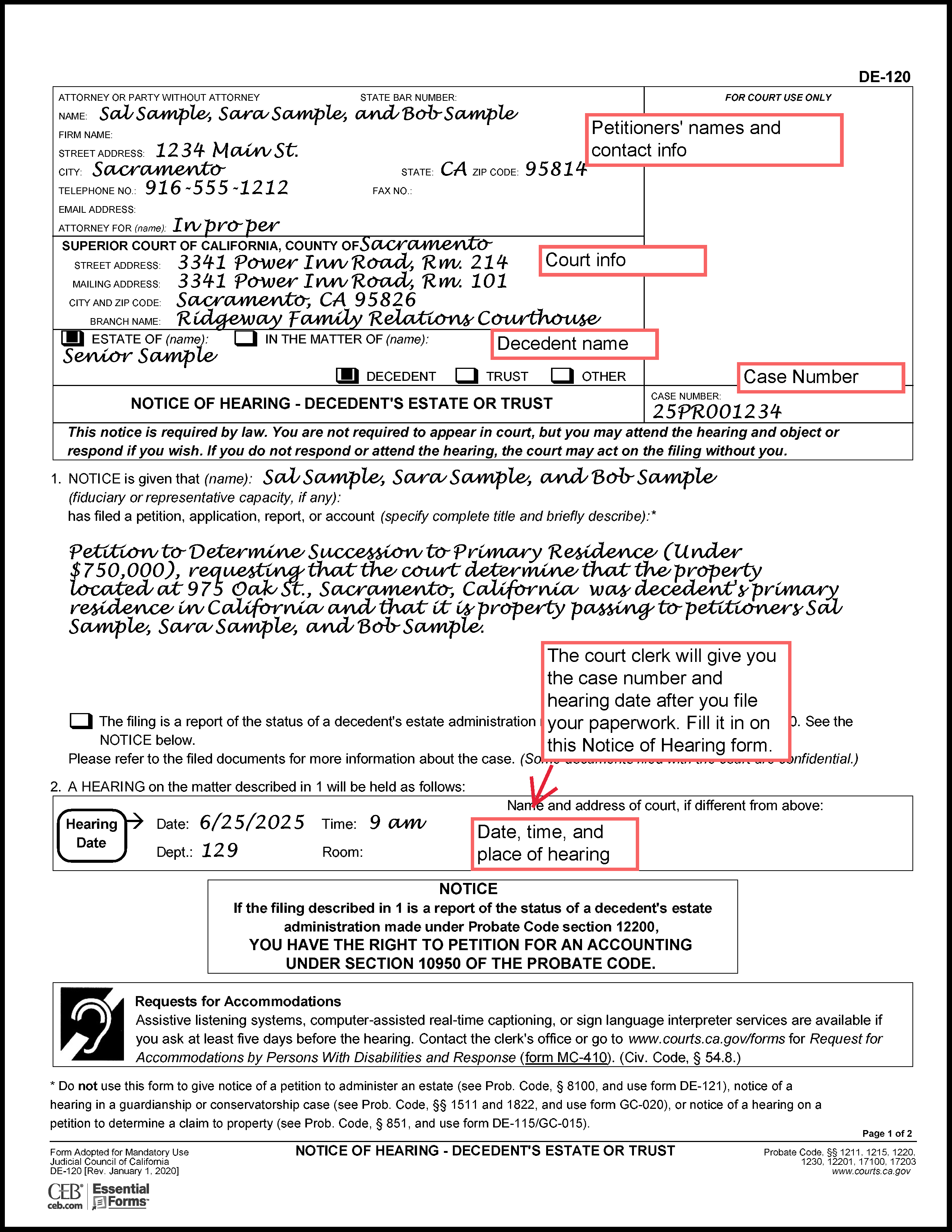 Filled in sample of Notice of Hearing (DE-120) (page 1)