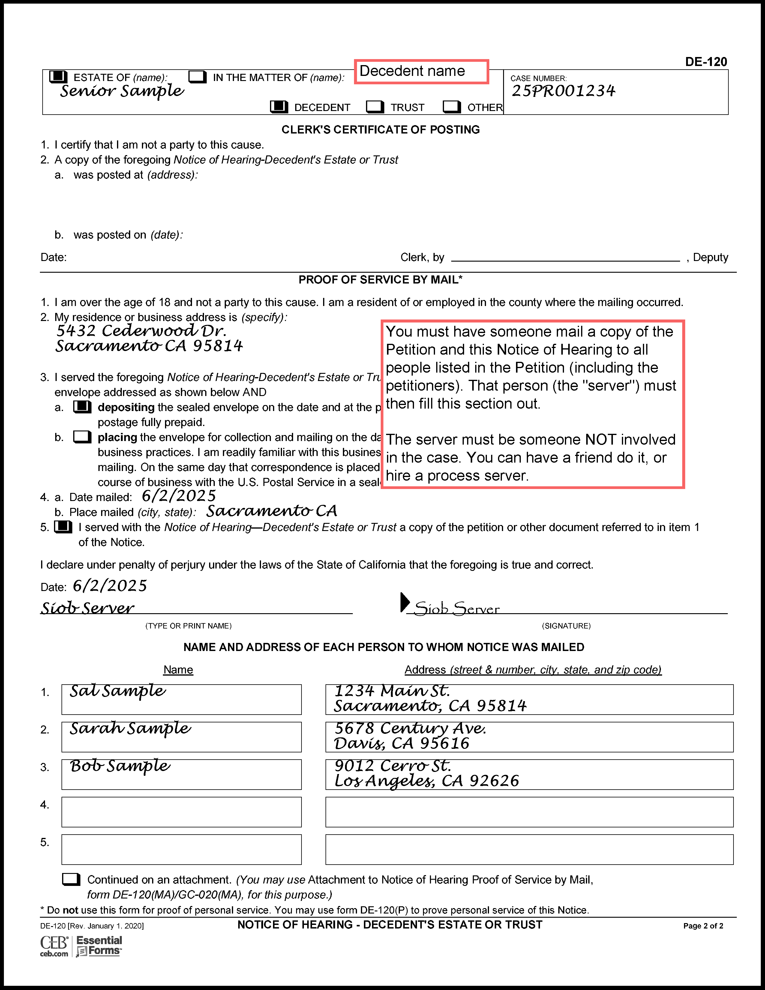 Filled in sample of Notice of Hearing (DE-120) (page 2)