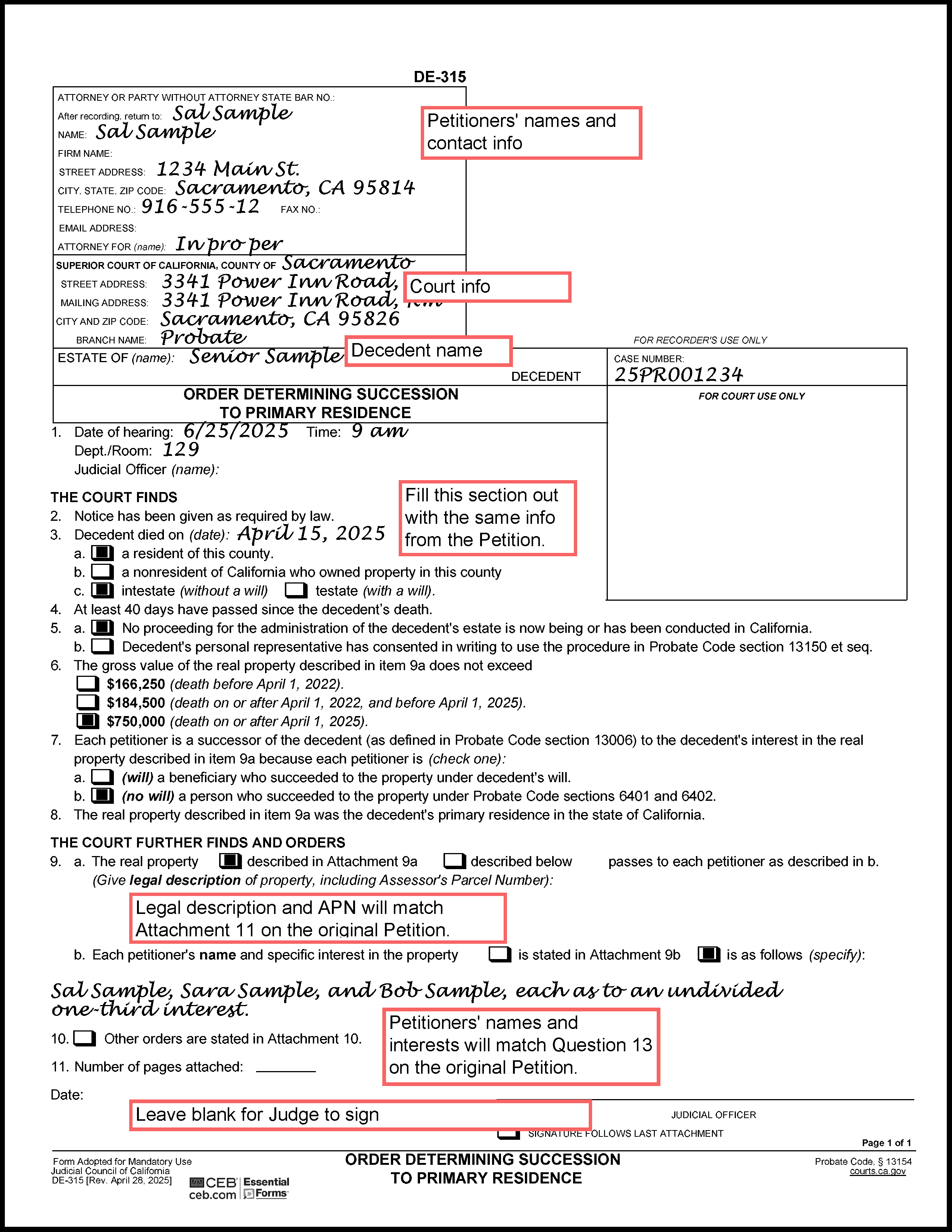 Filled in sample of Order Determining Succession to Primary Residence (DE-315) (Page 1)
