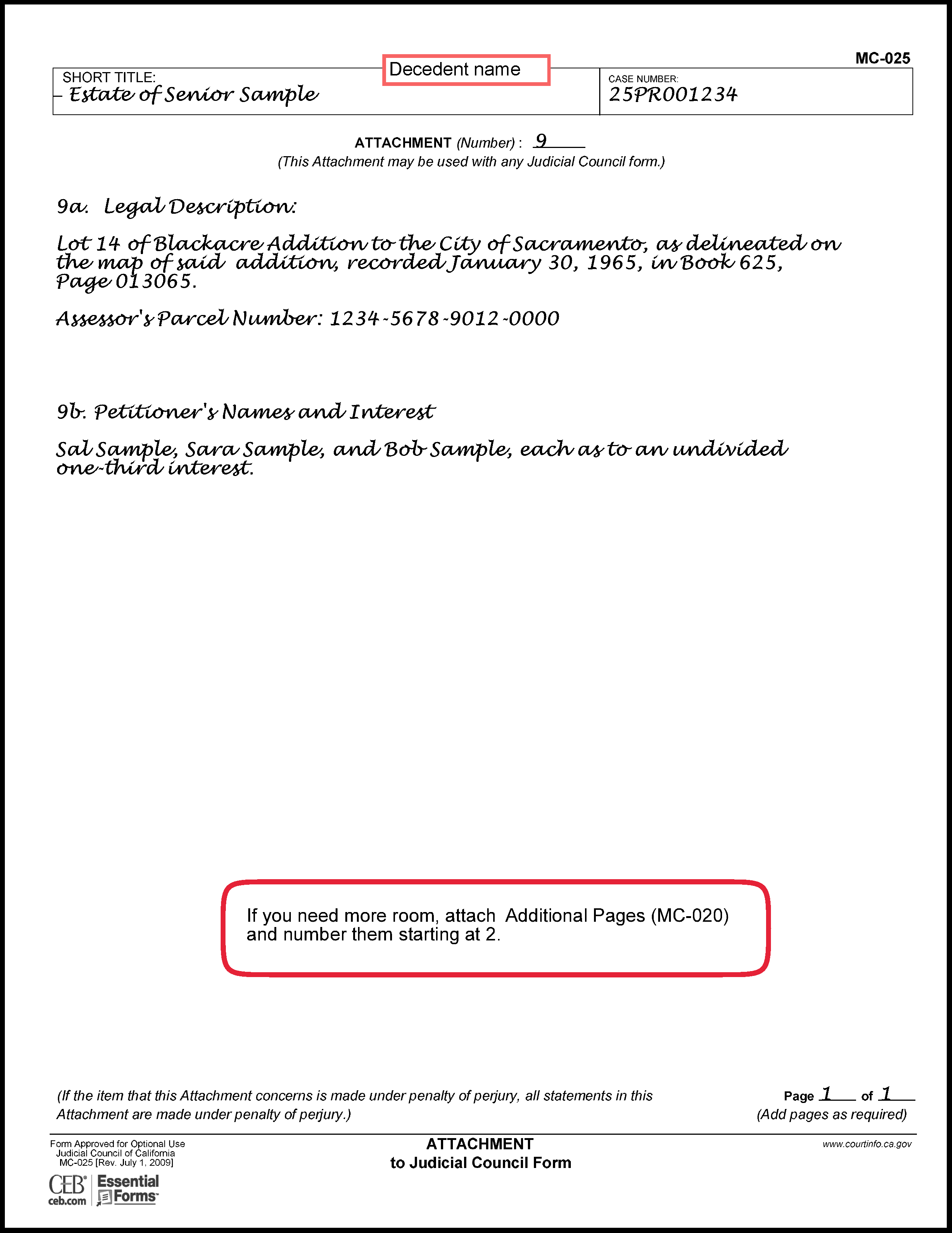 Filled in sample of Order Determining Succession to Primary Residence (DE-315) (Attachment 9)