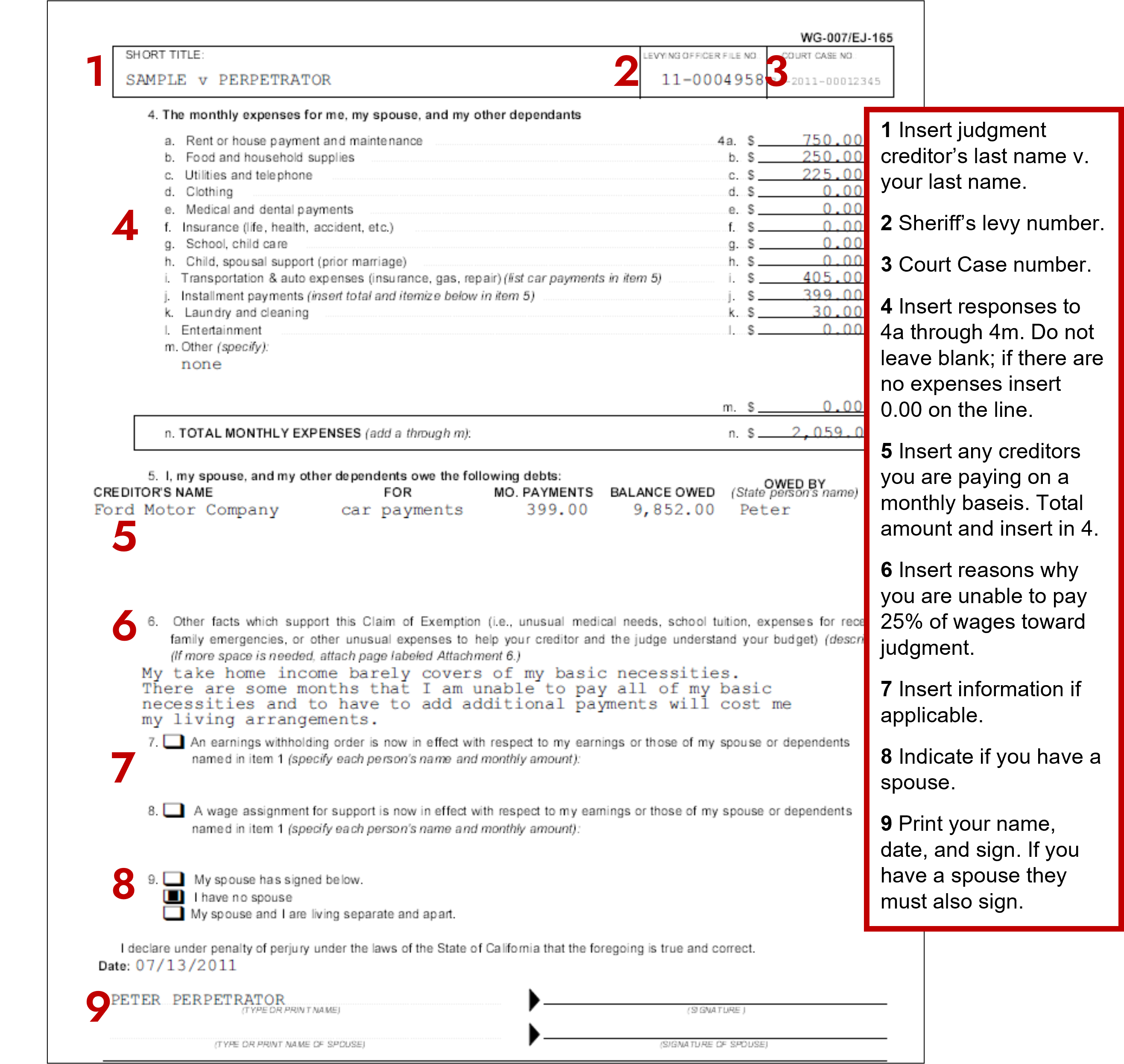 Sample filled out form "Financial Statement WG-007/EJ165", page 2