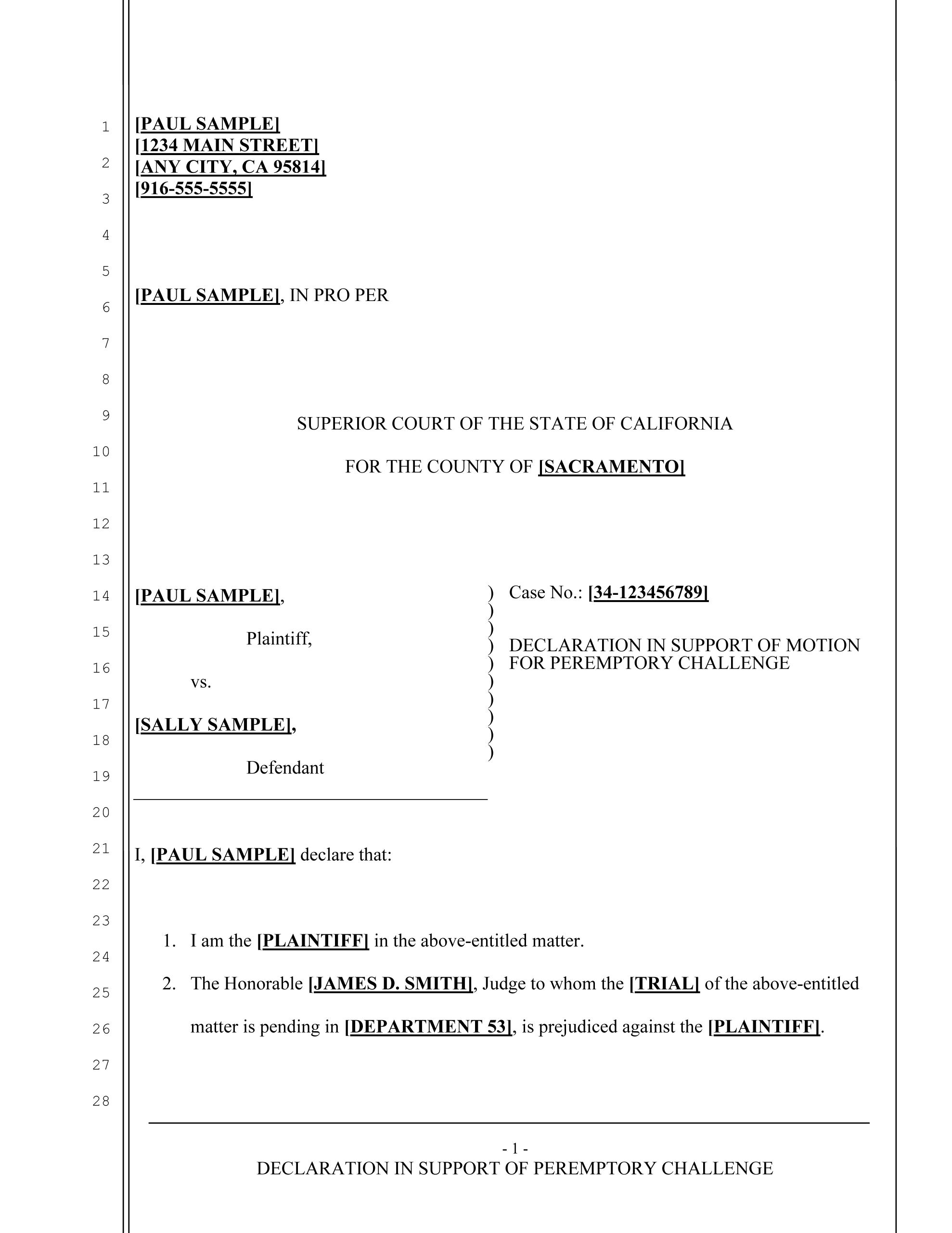 Declaration in Support of Peremptory Challenge (page 1)