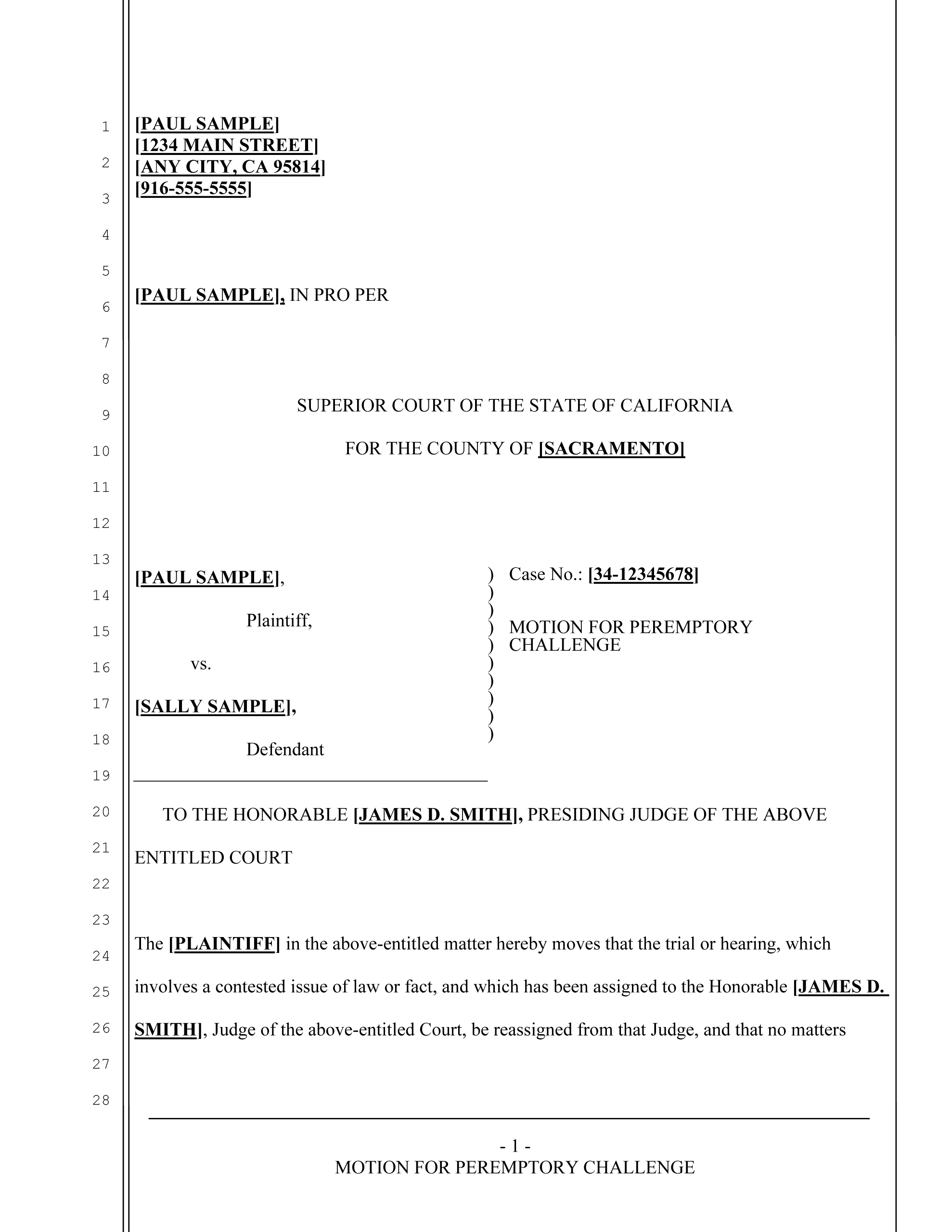 Motion for Peremptory Challenge (page 1)