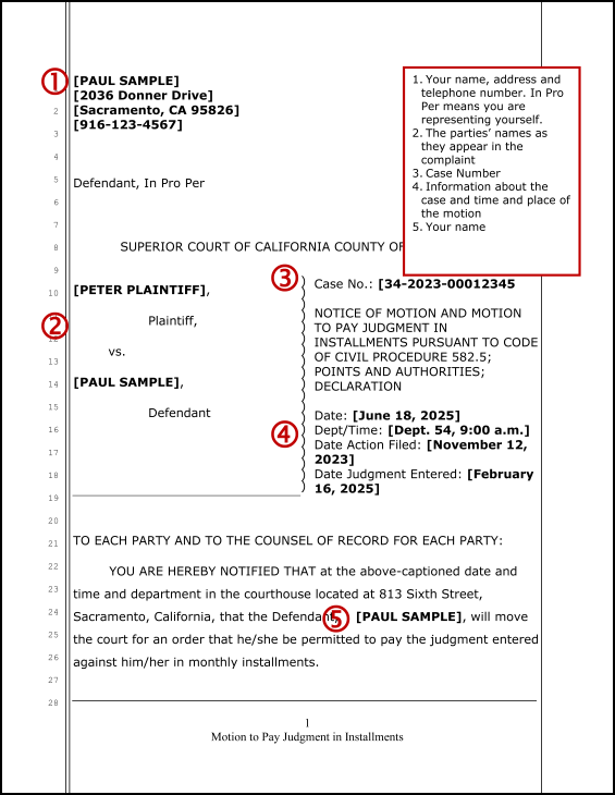 Motion to Pay Judgment in Installments (sample page 1)