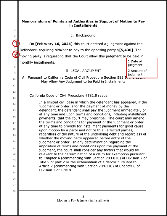 Motion to Pay Judgment in Installments (sample page 3)