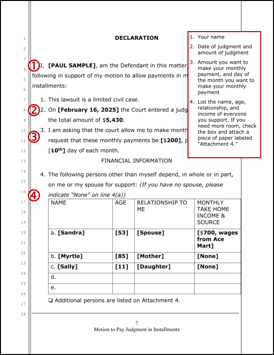 Motion to Pay Judgment in Installments (sample page 7)