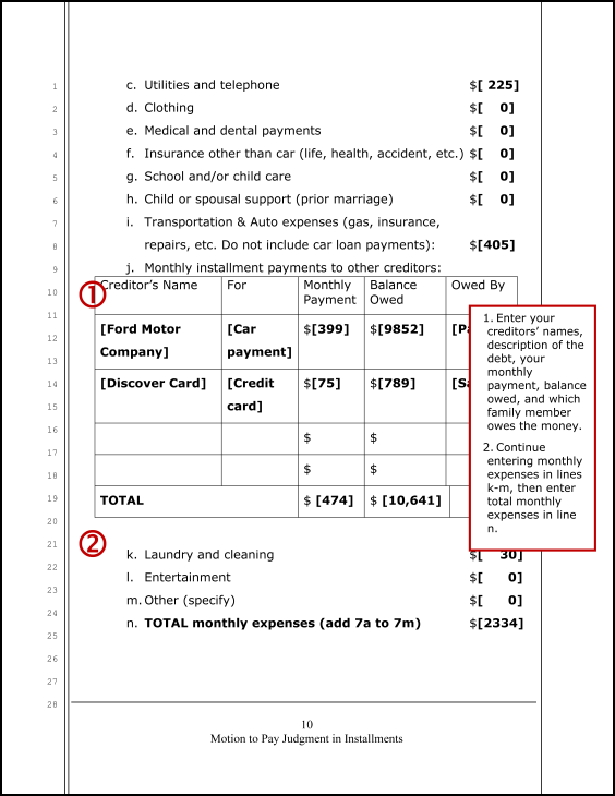 Motion to Pay Judgment in Installments (sample page 10)