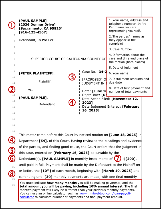 Proposed Order to Pay Judgment in Installments (sample page 13)