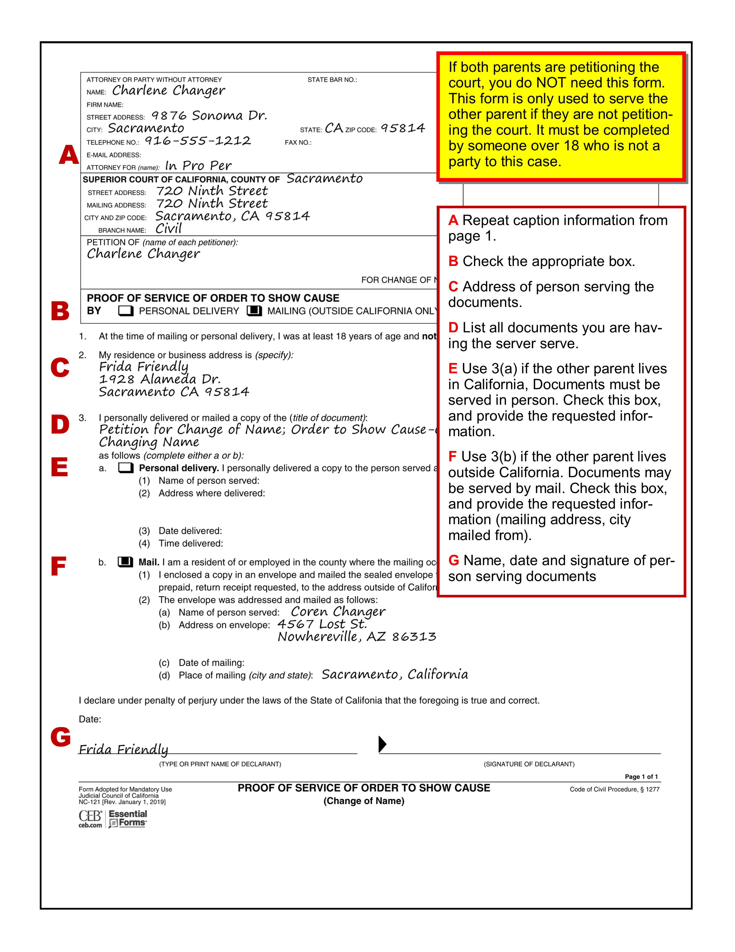Sample filled-in Proof of Service of Order to Show Cause (NC-121)