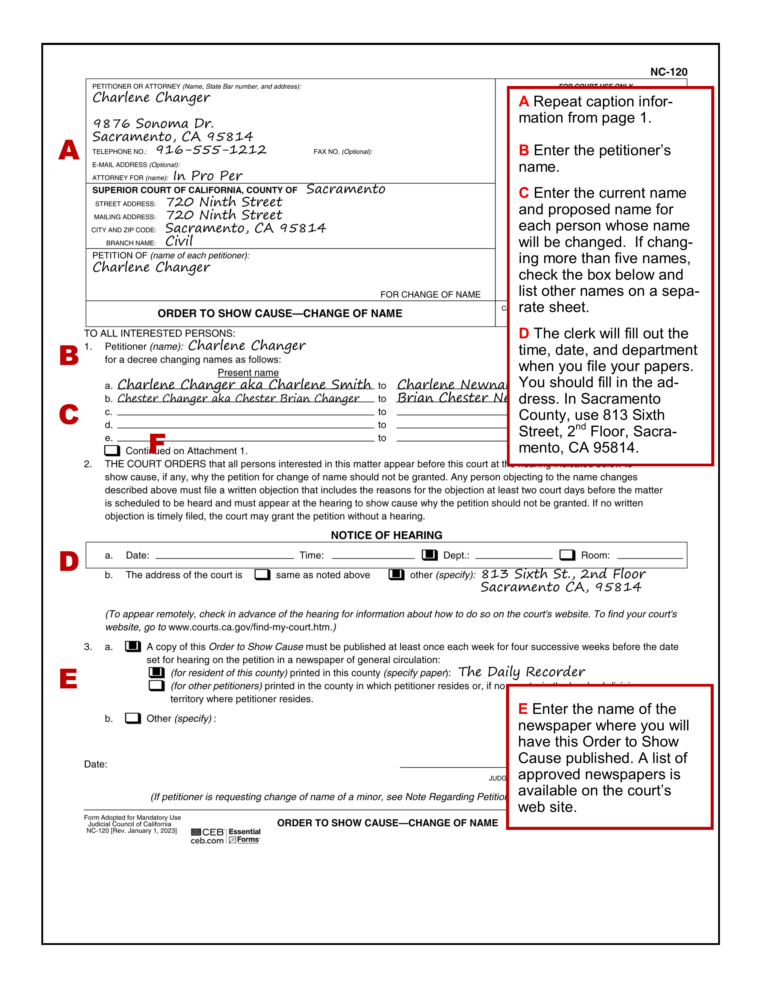 Sample filled-in Order to Show Cause - Change of Name (NC-120)