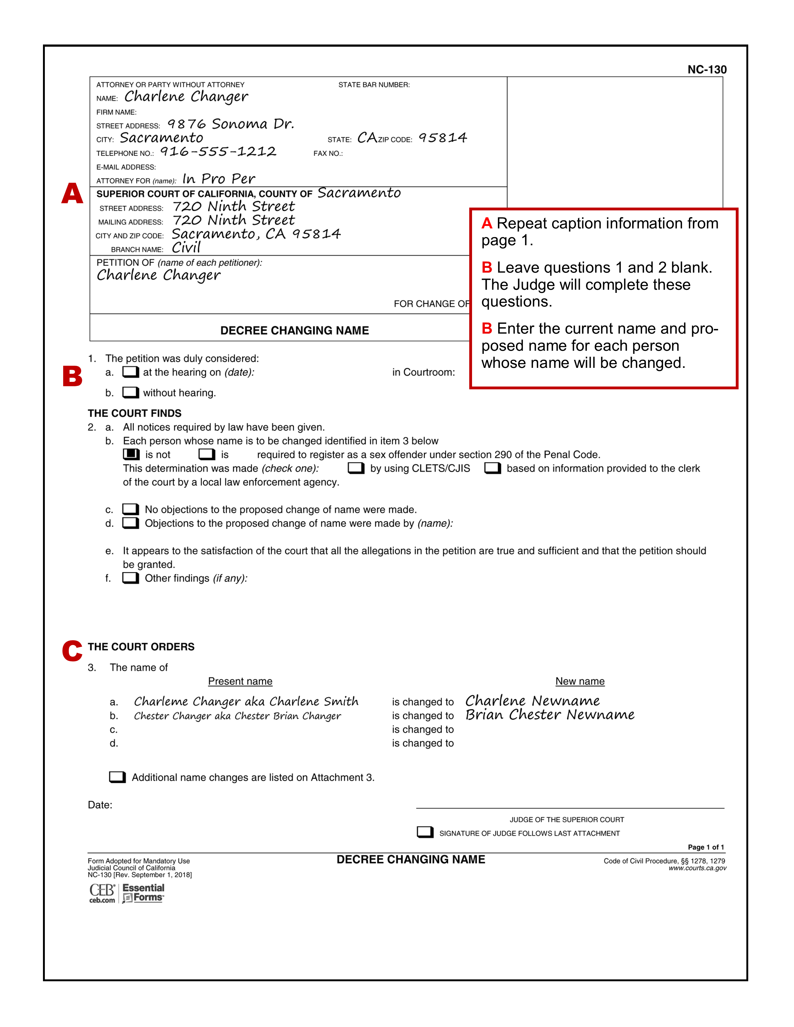Sample filled-in Decree Changing Name (NC-130)