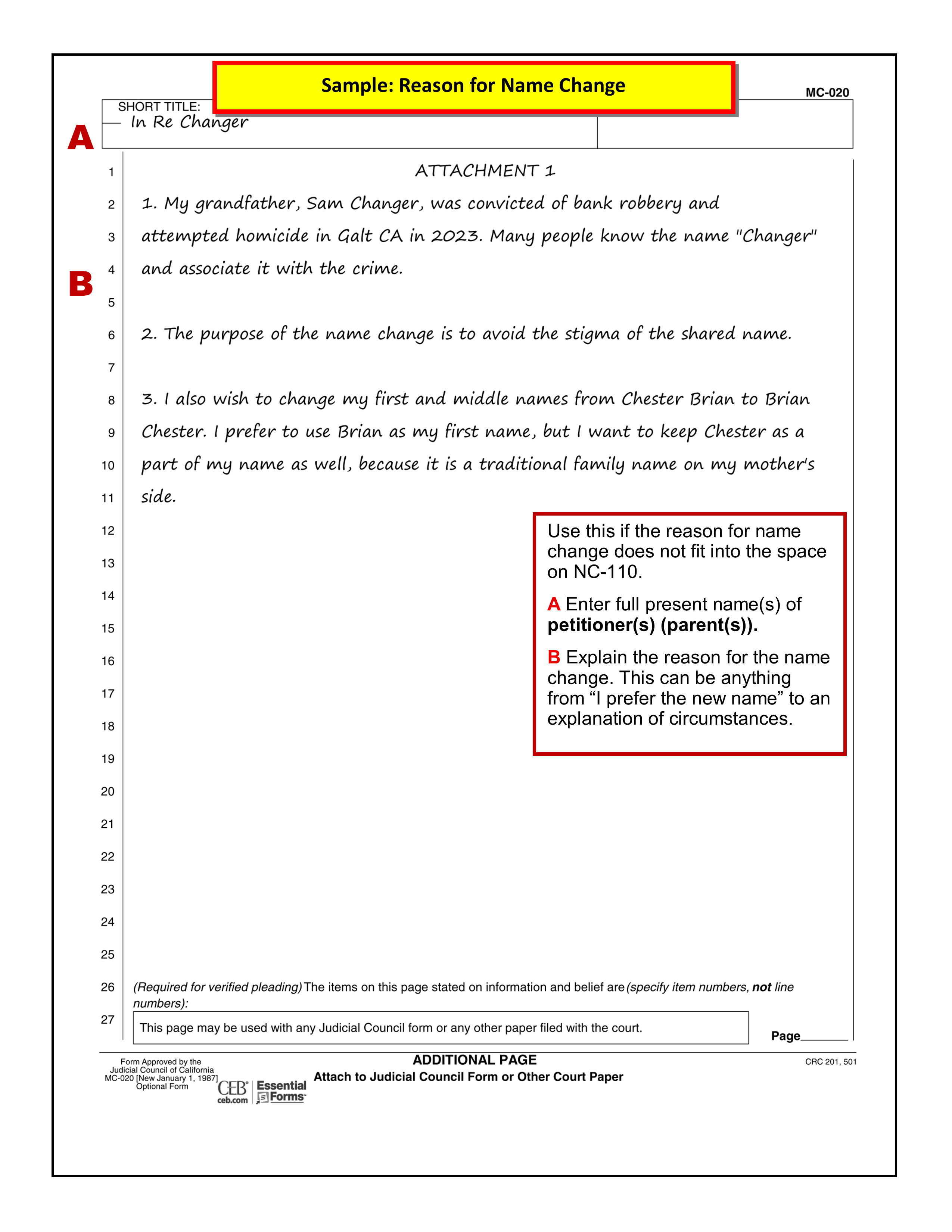 Sample (NC-110) Attachment 1 (Reason for Name Change)