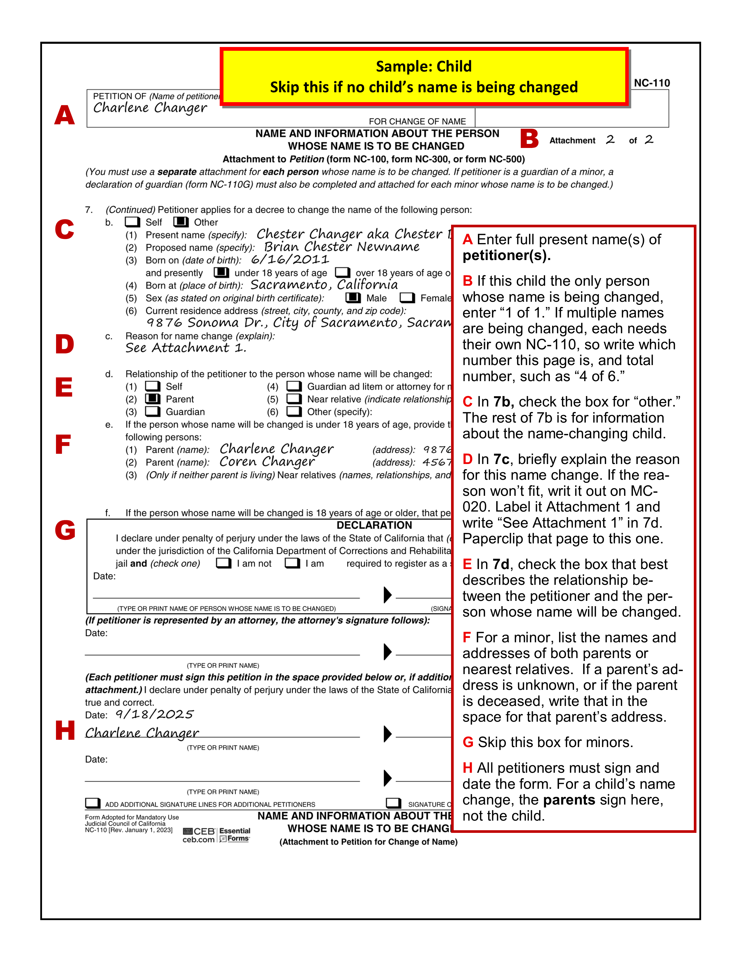 Sample filled in Name and Information attachment (NC-110) - Child version