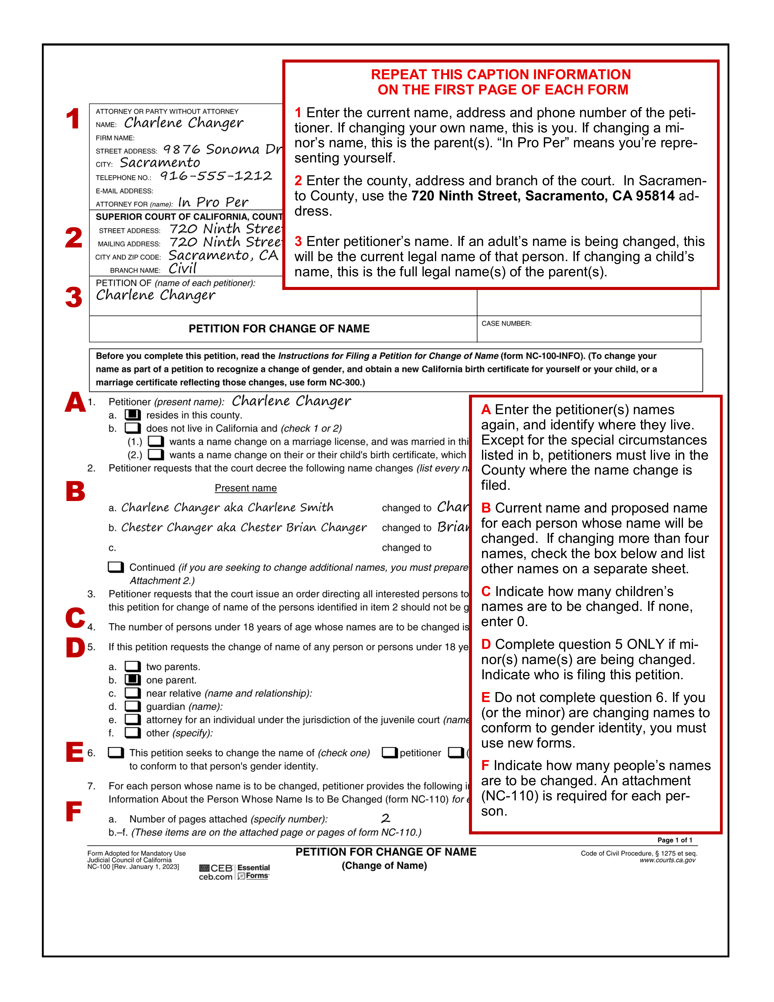 Sample filled-in Petition for Change of Name