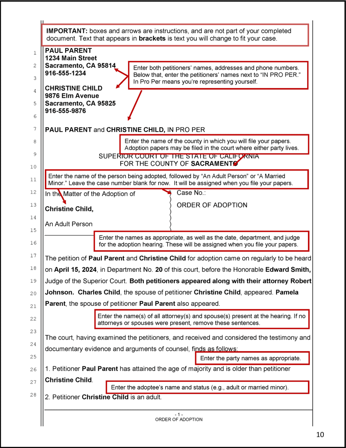 Adult Adoption - Sample Order of Adoption Page 1