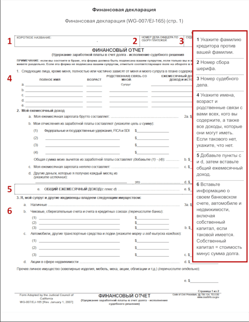 Sample Financial Statement (WG-007, page 1), filled out in Russian