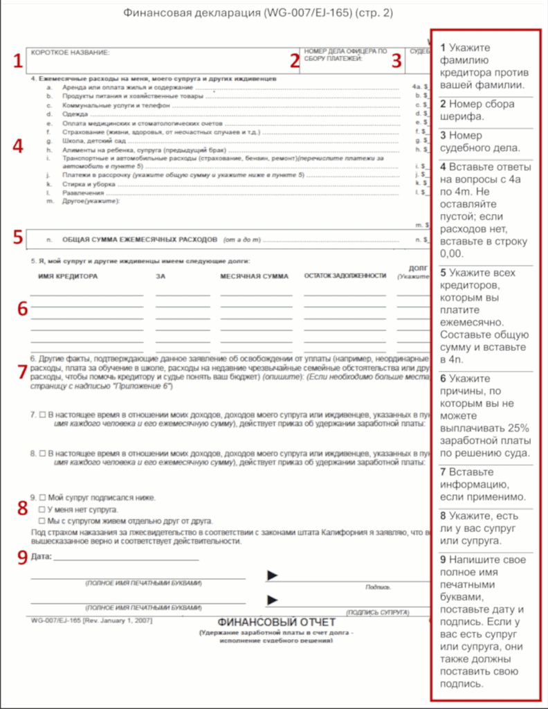 Sample Financial Statement (WG-007, page 2), filled out in Russian