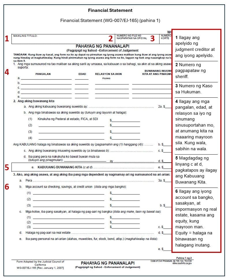 Sample form for Wage Garnishment - Claim of Exemption - Financial Statement (WG0-007, page 1), filled out in Tagalog