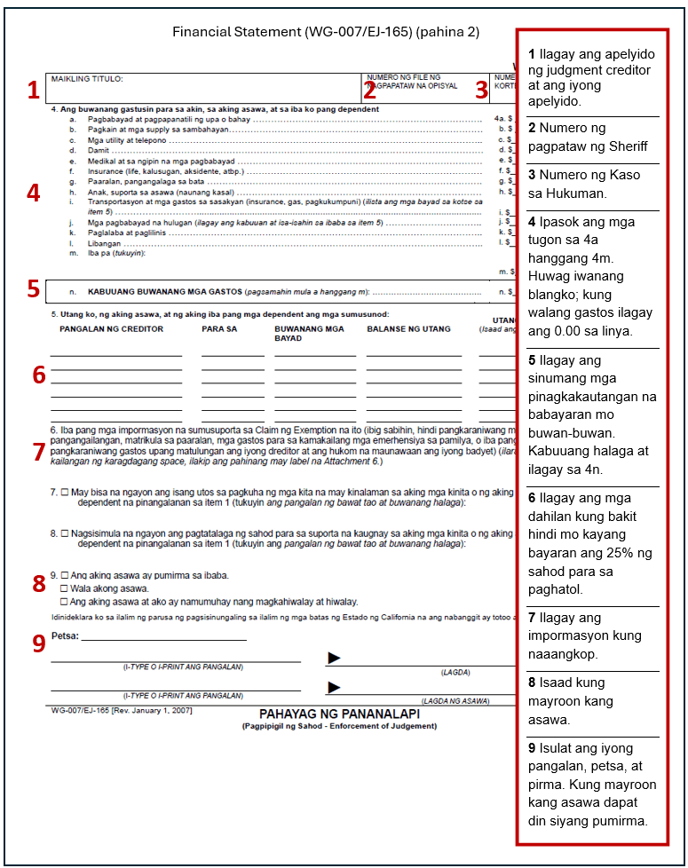 Sample form for Wage Garnishment - Claim of Exemption - Financial Statement (WG0-007, page 2), filled out in Tagalog