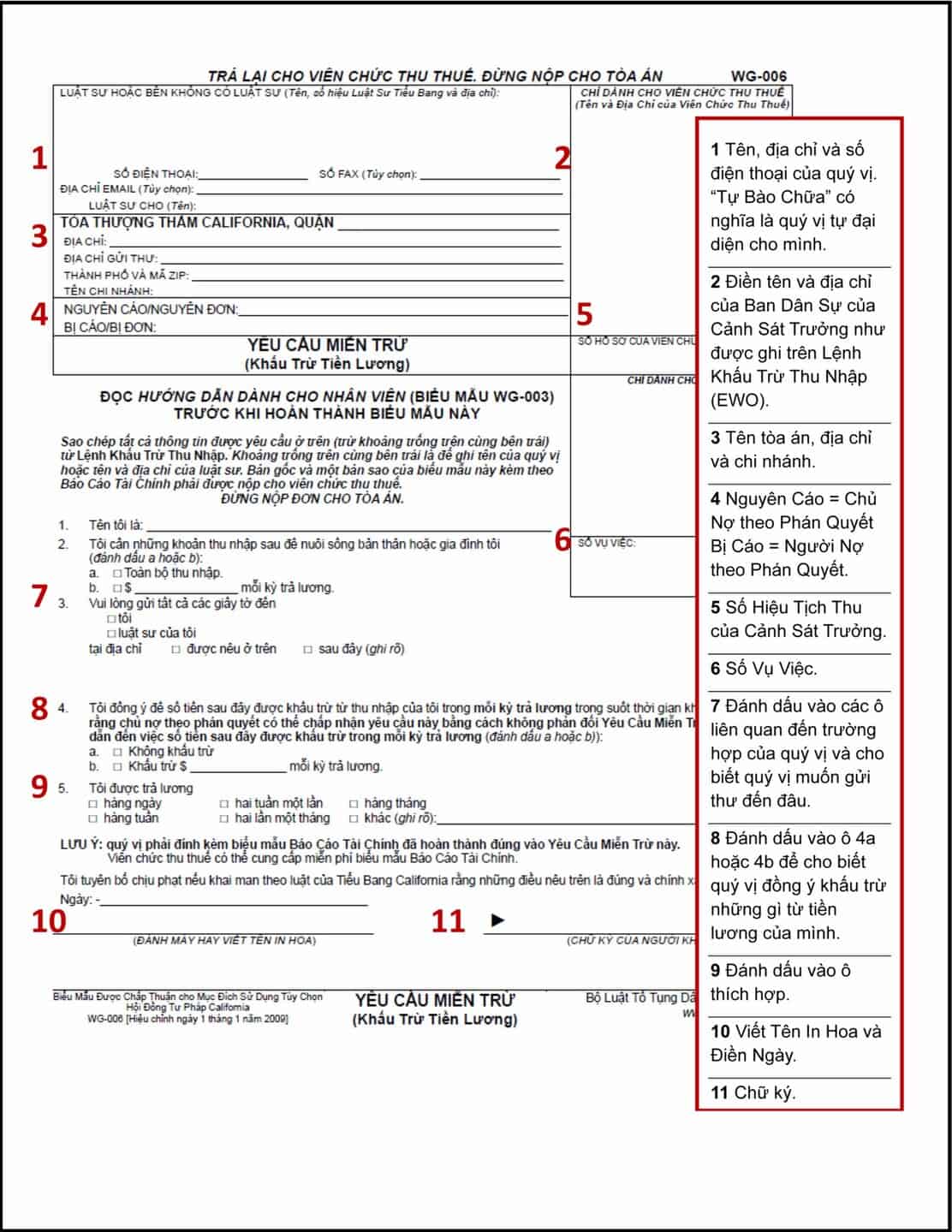 Sample Claim of Exemption-Wage Garnishment (WG-006), filled out in Vietnamese 