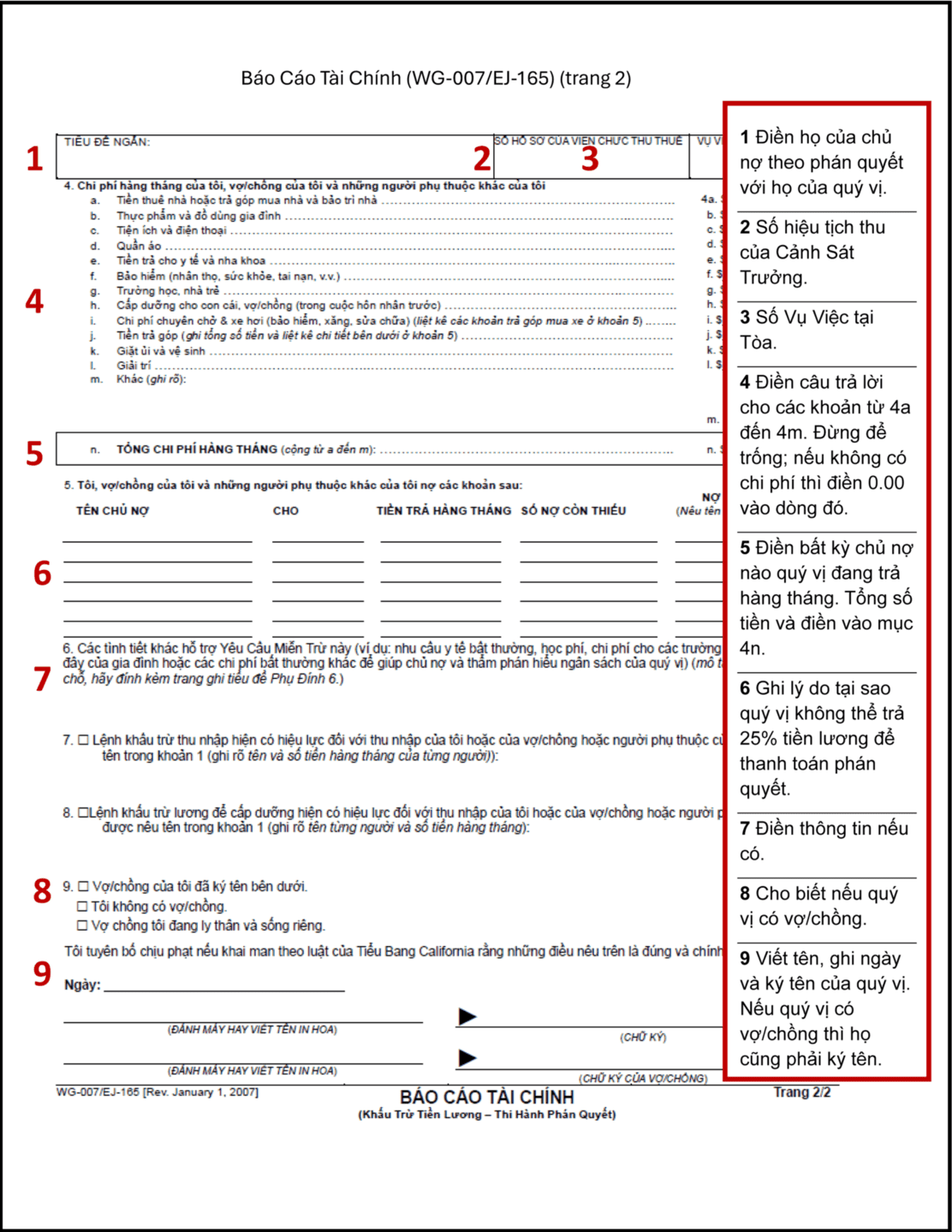 Sample Financial Statement (WG-007, page 2), filled out in Vietnamese 