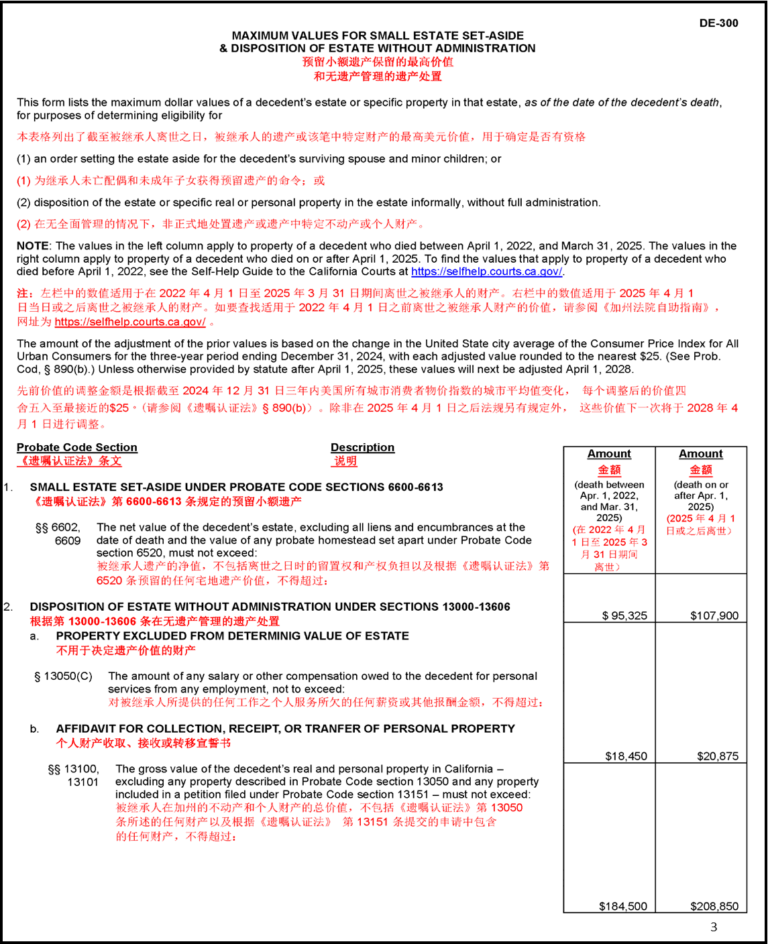 Information and instructions translated into Chinese (simplified) on the Affidavit for Collection of Personal Property and accompanying schedule of maximum values for small estate procedures (DE-300). Page 1 of DE-300.