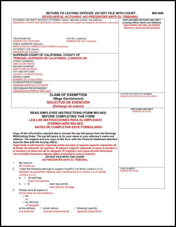 Claim of Exemption - Wage Garnishment (form WG-006, page 1) Form instructions and questions translated into Spanish to assist Spanish-language readers in filling out the official English-language form.