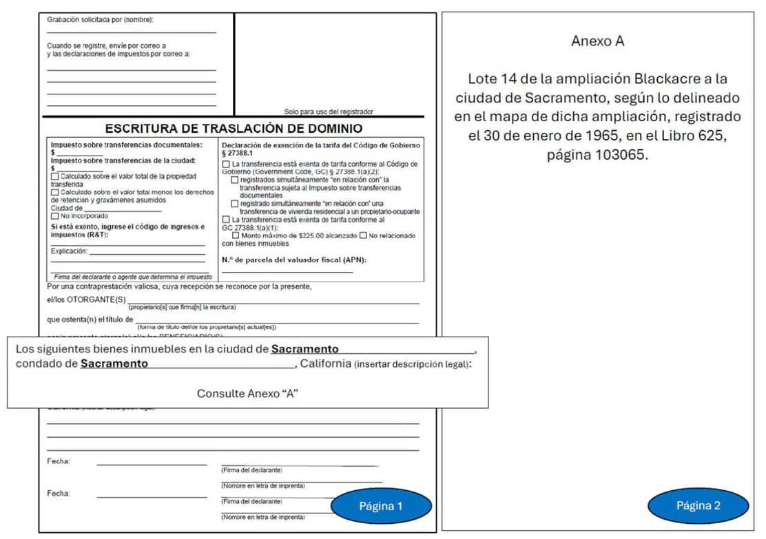 Ilustración que muestra una escritura de concesión con descripción legal en una página separada, que se adjunta como anexo A.