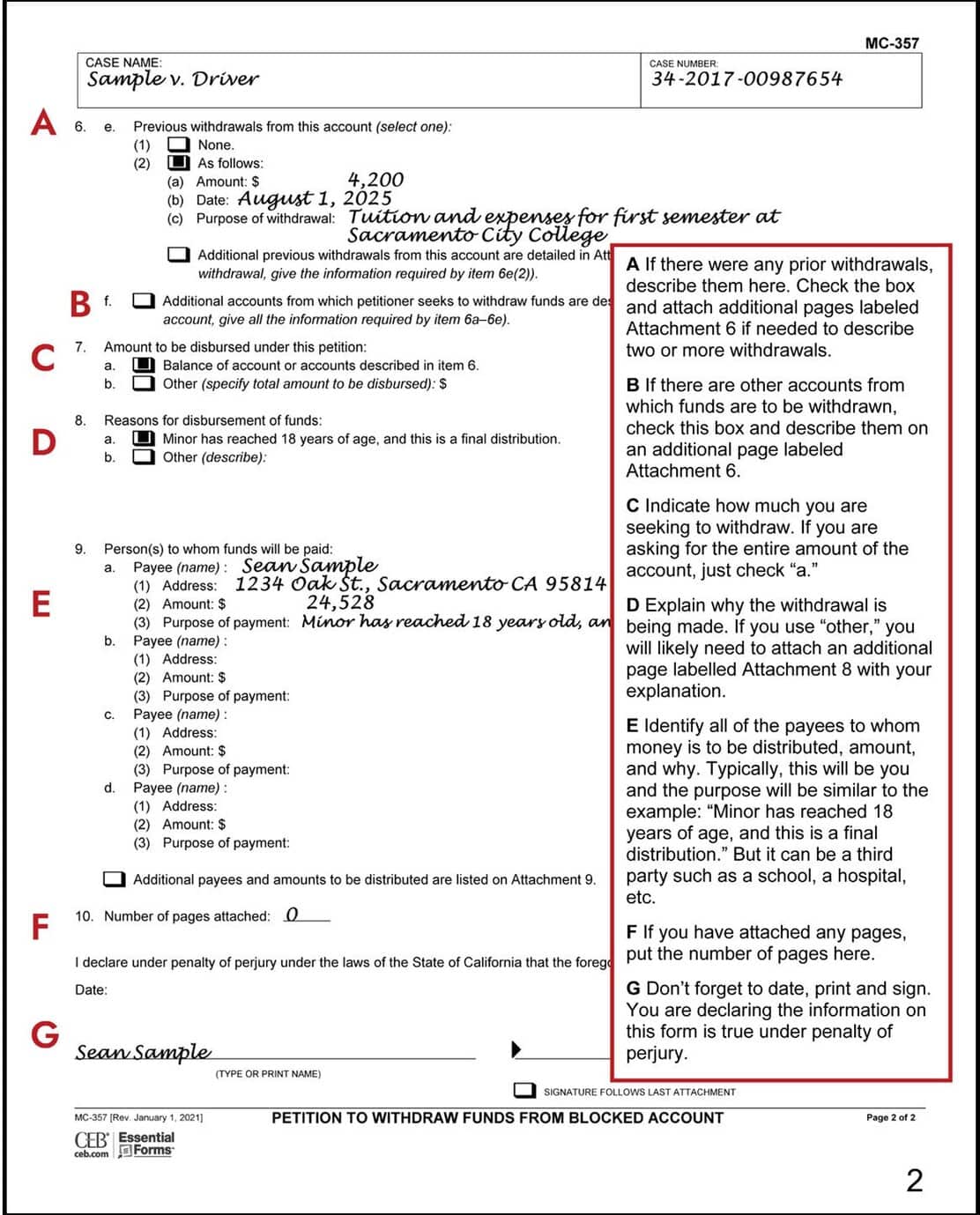 Sample filled-out Petition to Withdraw Funds from Blocked Account (MC-357), page 2